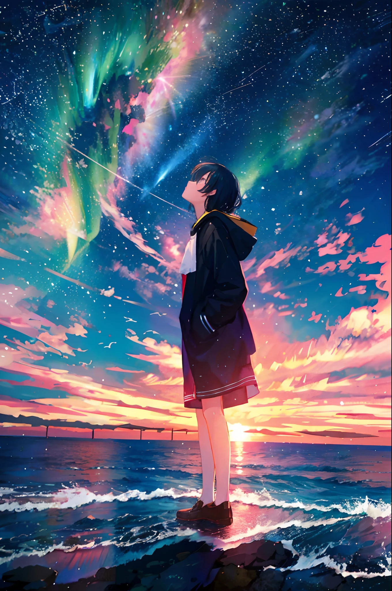 At night, r standing by the sea,Looking up at the starry sky,Full body photo,delicated,nood