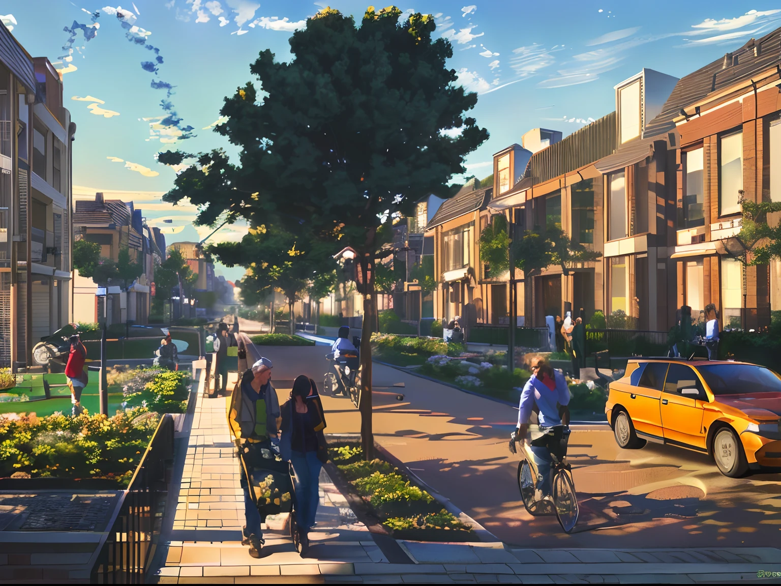 rendering of a street scene with people walking and biking, community street, ((big street trees line along the street)), daylight, artist impression, masterpiece, high quality