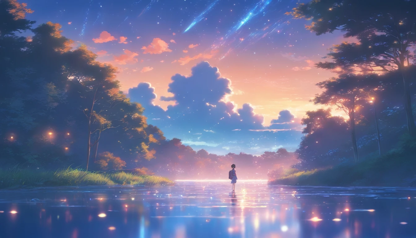 High Quality Masterpiece ，scenecy，Anime teenager crossing the water surface of campus， Glittering starry sky。Romantic Campus，Pisif，concept-art，Laffy art style，Reflectors。 by makoto shinkai, lofi art, Beautiful anime scenes, Anime landscapes, detailed scenery —width 672, in the style of makoto shinkai, style of makoto shinkai，Detail Enhancement