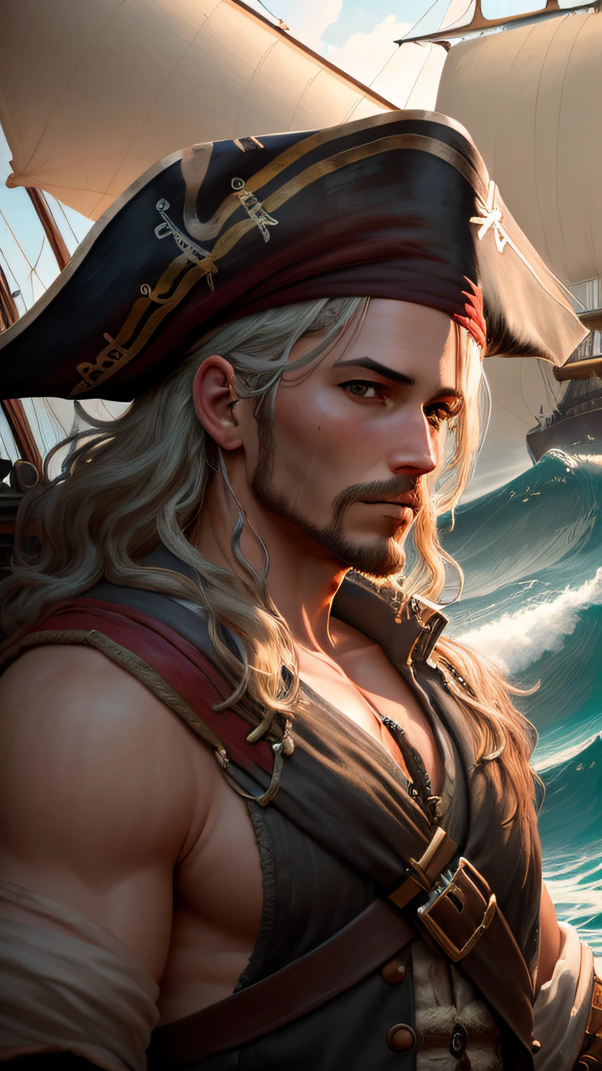 Create a realistic face of a pirate, identical to the style of realistic drawings, with rugged features, a weathered complexion, and an eye patch. The pirate has a scruffy beard, a prominent scar on his cheek, and a gold tooth. His eyes are intense and piercing, conveying a sense of adventure and cunning. The pirate wears a tattered tricorn hat adorned with a feather, and his hair is wild and unkempt, with strands falling over his forehead. His expression is fierce, revealing a glimpse of his reckless nature. The artwork is a detailed pencil drawing, capturing every wrinkle, crease, and texture of the pirate's face, creating a lifelike representation. --ar 1:1 --v 5 --auto --s2