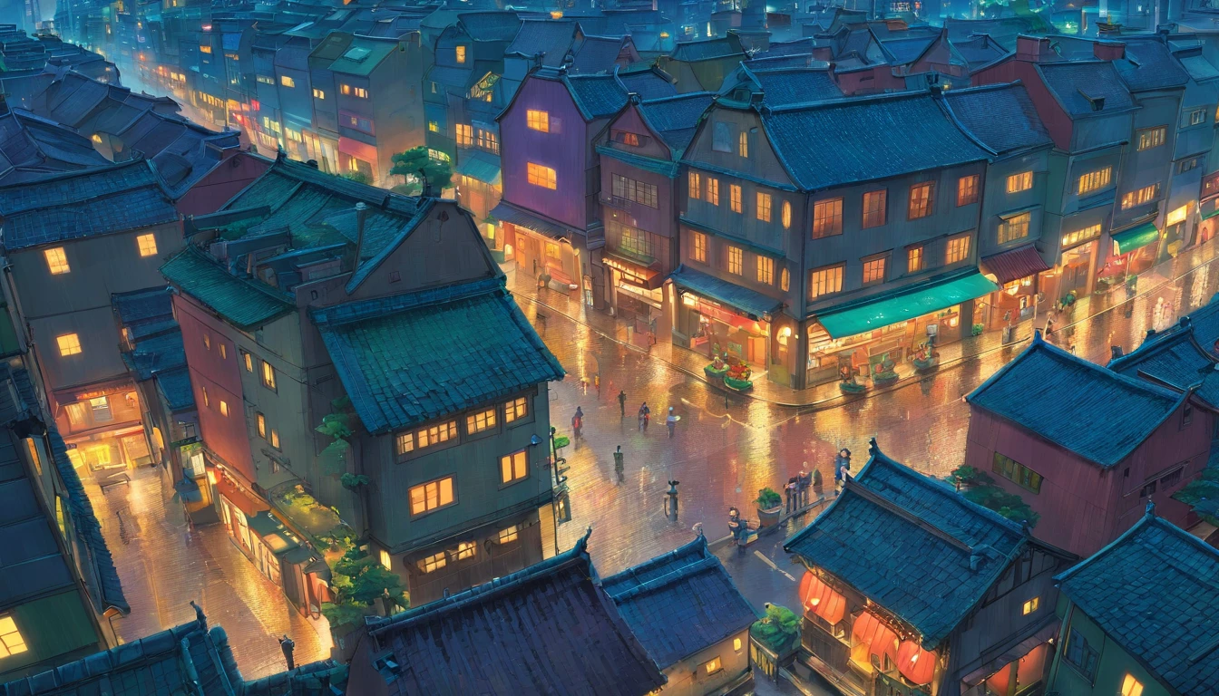 cozy rainy city from the top down where a protagonist is from