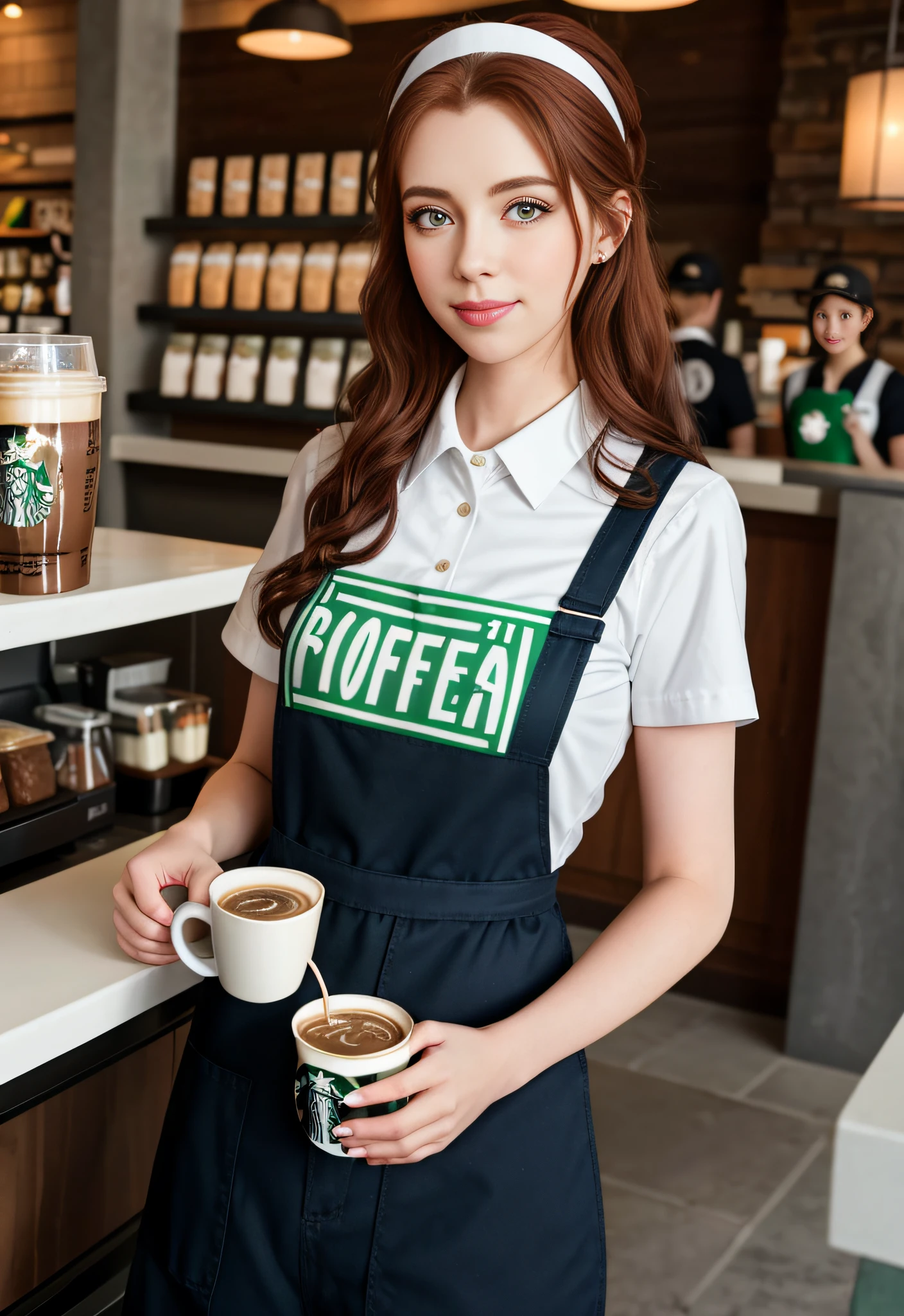 Alafeld girl in Starbucks uniform holding a cup of coffee, starbucks aprons and visors, mysterious coffee shop girl, ( Waitress ) Girl, wearing rr diner uniform, Coveralls, sakimichan, Starbucks, young beautiful amouranth, 🤤 girl portrait, soda themed girl, 8K)), mais conhecido como Amouranth, amouranth