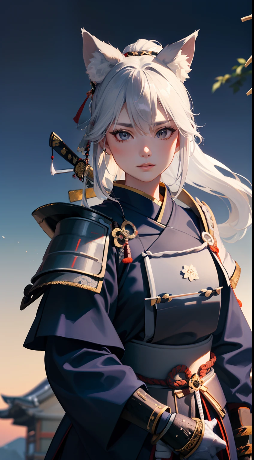 masterpiece, best quality, 1 Female, adult, short white hair, Samurai ,Symbolism,Art, Beautiful , Beautiful , Peace
