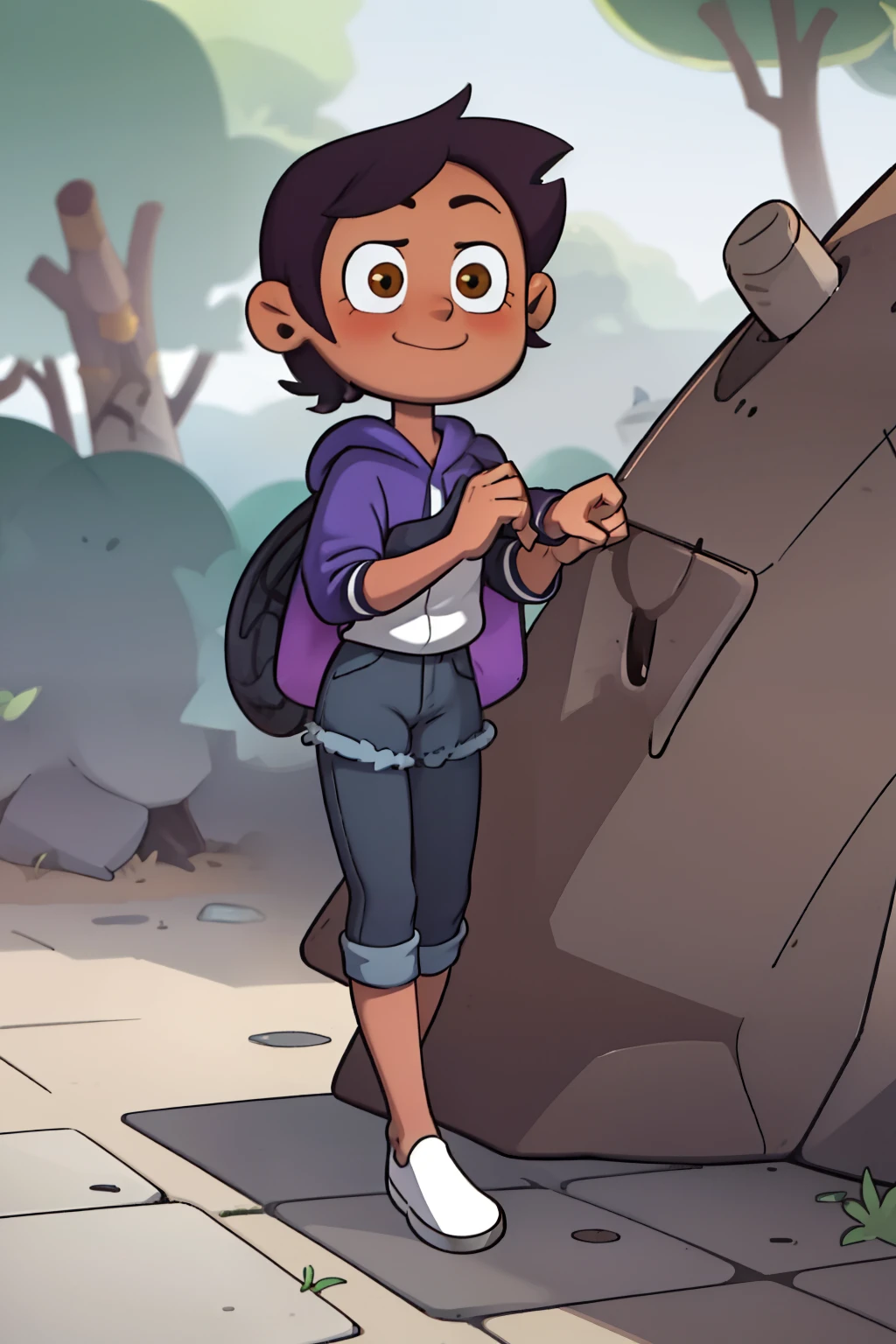 LuzS1, 1girl, short brown hair, brown eyes, dark skin, blue and white shirt with hoodie, jeans shorts, black leggings, white shoes, midriff, short sleeves, perfect anatomy, solo