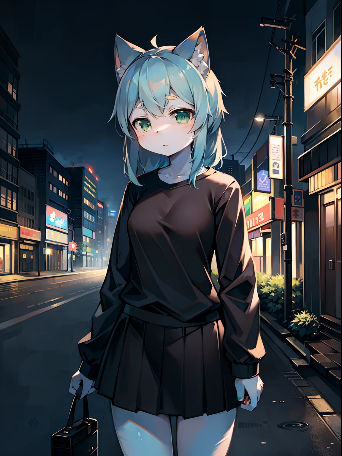 solo, kemono, female, light blue, green eyes, wear black shirt, wear black skirt, standing on park, look at camera, city background, noon time, high details