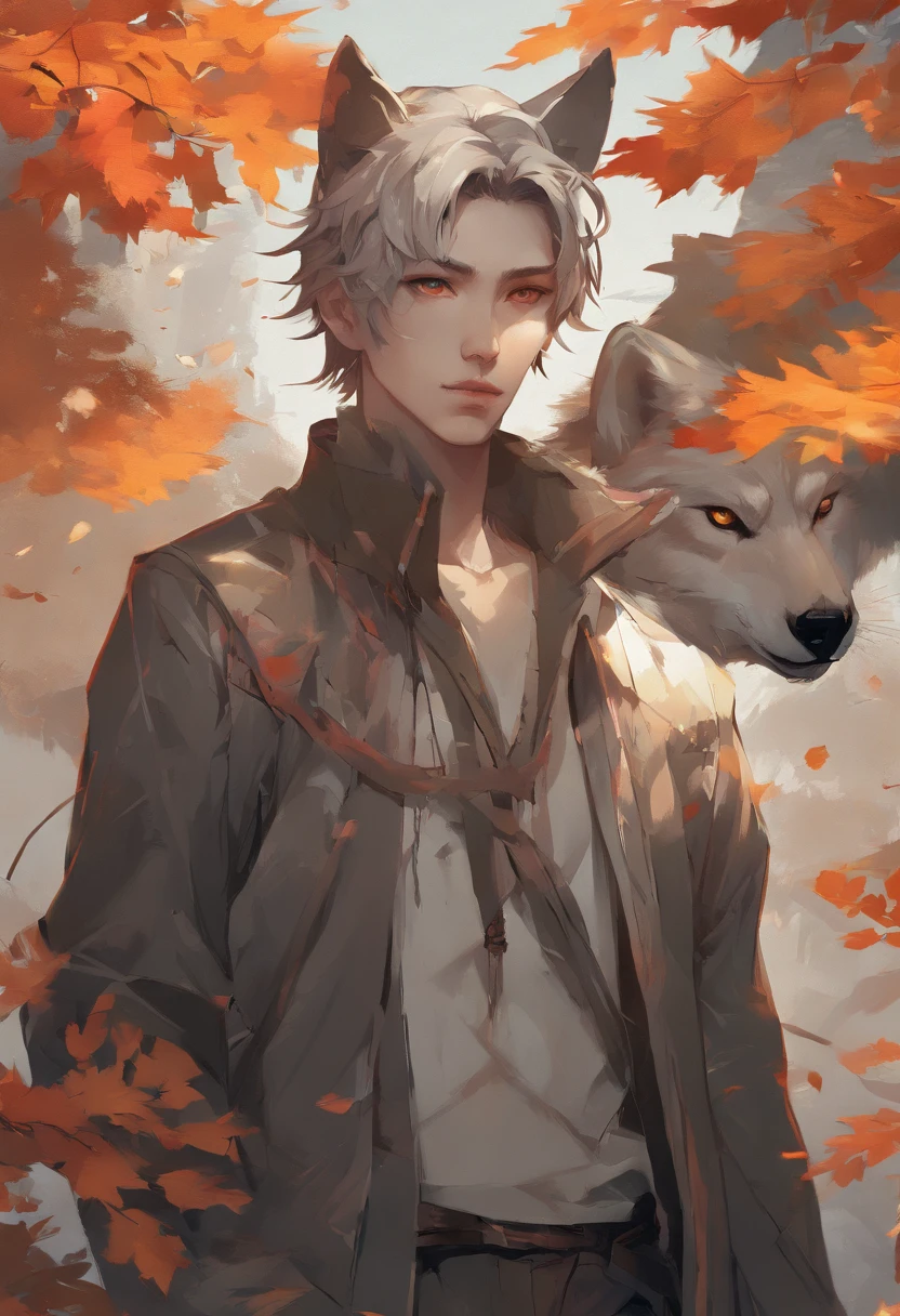 autumn light, autumn environment, masterpiece, young korean idol boy with wolf ear on his head, korean male,full body size, eastern fantasy theme, grey eyes, vertical pupils, forest, grey hair, cold look, light clothes, pale skin, colour grading, light illustration, the person in the middle, extreme quality, radiant, extremely detailed, ultra-detailed face, ultra hd 8k, ultra digitality, mythical, autumn lightning, concept art portrait by Greg Rutkowski, artgerm, hyperdetailed, intricately detailed art, fantasy style, triadic colours, fantastical, intricate detail, splash screen, complementary colours, fantasy concept art, 8k resolution, deviantart masterpiece, oil painting, heavy strokes, soft lighting, film photography, analogue photography, film grain, Anna Dittmann, hyperrealism, oil dripping,boy,male, korean idol male face, short hair male,