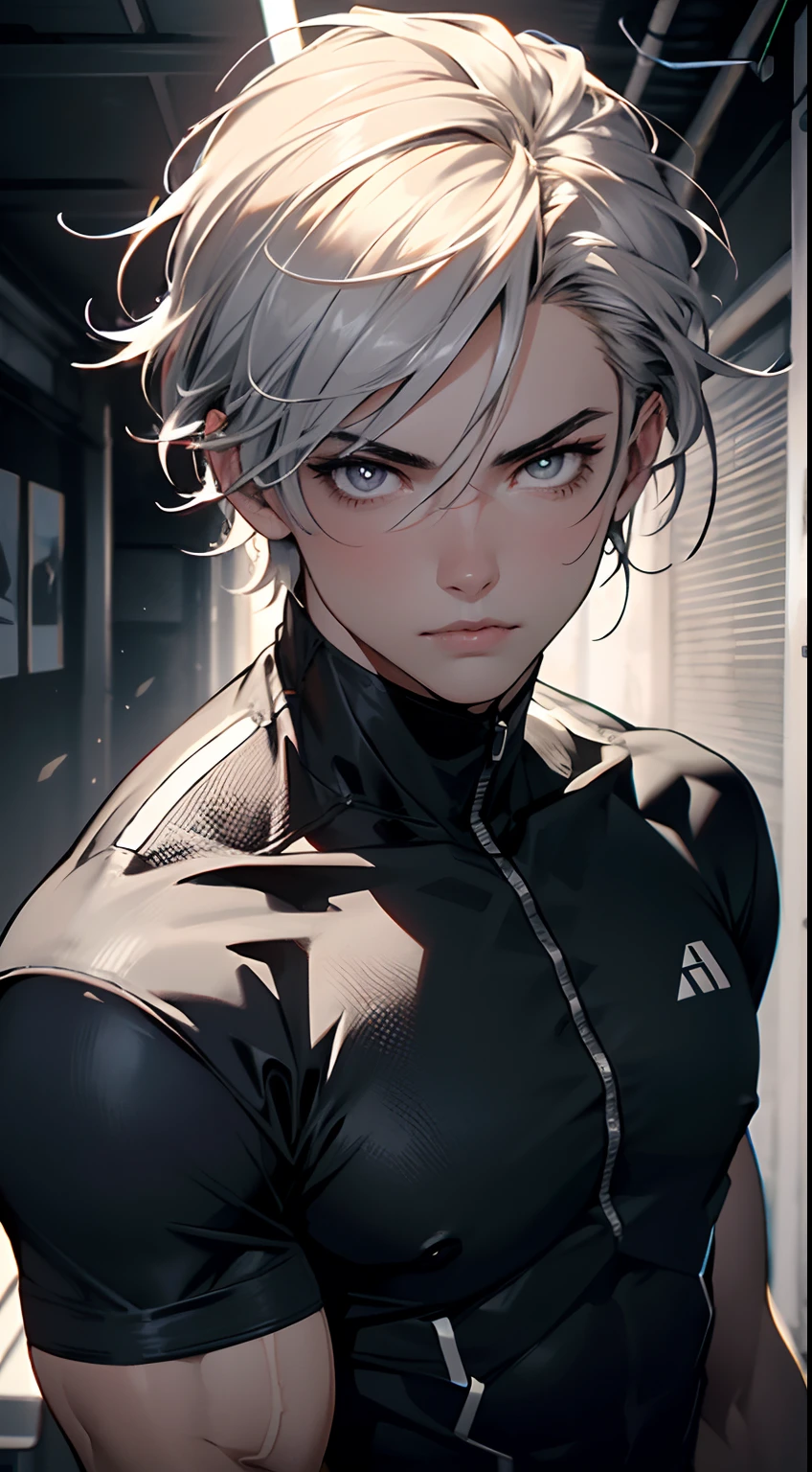 4K, high resolution, Best quality, Masterpiece, perfect colors, perfectly shaded, Perfect lighting, posted on e621, (by Chunie), anthro, ((Portrait)), ((Handsome man)), perfect male figure, short detailed hair,Wear men's shorts,Abs,musculature,chest muscle,Abs,Naked upper body,Detailed face, Perfect face, (The stands up), Detailed background, ((Bonifasko lighting)), (Detailed eyes), perfect pupils,((Silver-gray skin))