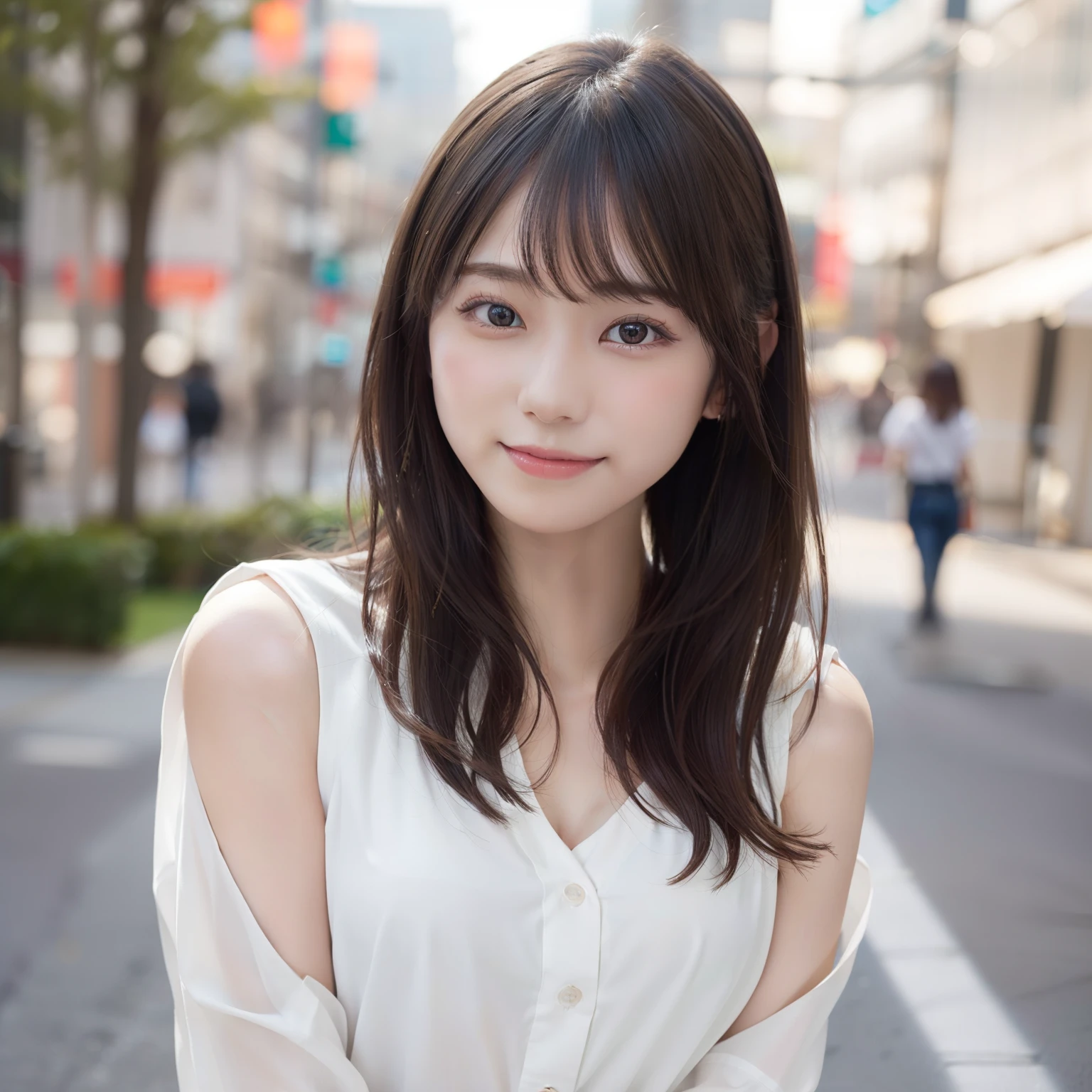 in 8K,Best Quality:1.4, 超A high resolution:1.5, (Photorealistic:1.4),​masterpiece:1.2,(top-quality:1.4)、 Raw photo、 (the background is blurred),  1日本人の女の子, Cute, (Solo:1.4), (Shy smile), Smooth skin、 (Brown medium hair,Bangs),nogizaka,Supple fingertips,Beautiful black eyes、dual、natural skin textures:1.3, realistic eyes and face details:1.7、middlebreasts、during daytime、Toned buttocks:1.5、gazing at viewer,The photographer is３ｍpostpone, Upper body:1.8,(detailed hairs:1.1), (Detailed eyes:1.1)、cute little、Dating scene、Dating Men、I am a girl、Date Clothes、Cute clothes、real looking skin、lifelike face