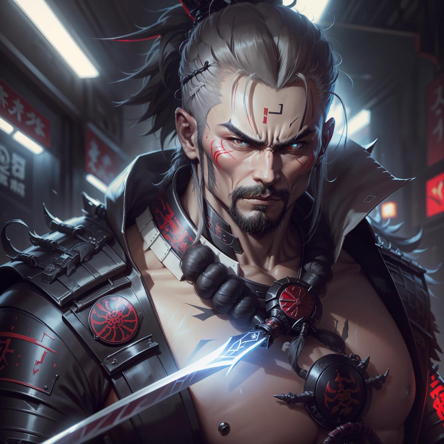There was a man in a samurai suit holding a sword, Cyberpunk Samurai, Demon Samurai, very beautiful cyberpunk samurai, demon samurai warrior, samurai warrior, portrait of a cyberpunk samurai, Urban Samurai, epic samurai warrrior, Samurai of Japan, phone wallpaper hd, samurai portrait, Neon Samurai, Samurai style, cyborg samurai