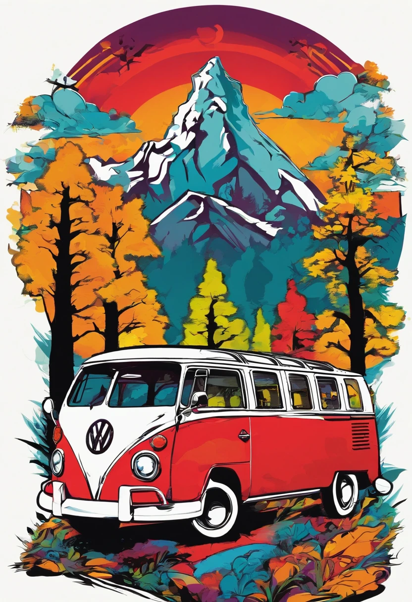Vector T-shirt art ready to print Colorful graffiti illustration of a red Volkswagen Kombi, swiss alps, Tall trees, 夏天, night time, camp fire, Volkswagen kombi