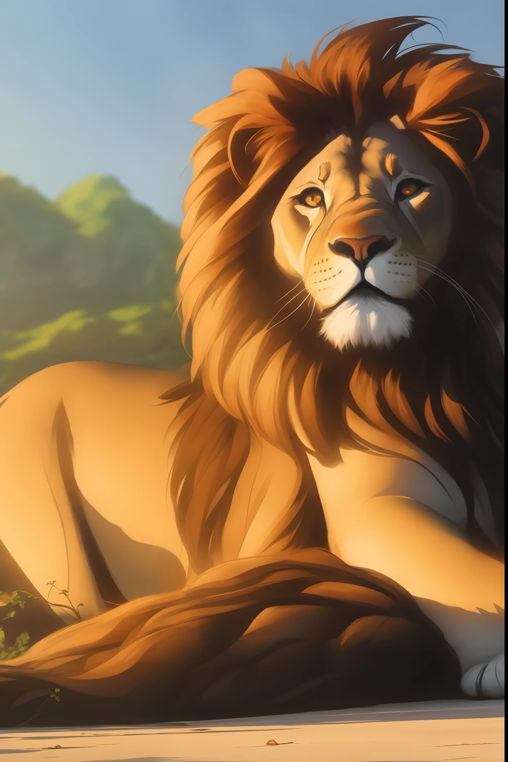 kovu, yellow sclera, green eyes, (pose:1.3), (posing:1.3), (soft shading), 4k, hi res, five fingers, detailed hands, ((detailed face, (detailed eyes:1.3), detailed)), (full body), by zackarry911, by zaush, (by personalami:0.5), olo, open mouth, outdoors, sky, glowing, fangs, grass, claws, sunset, whiskers, feral