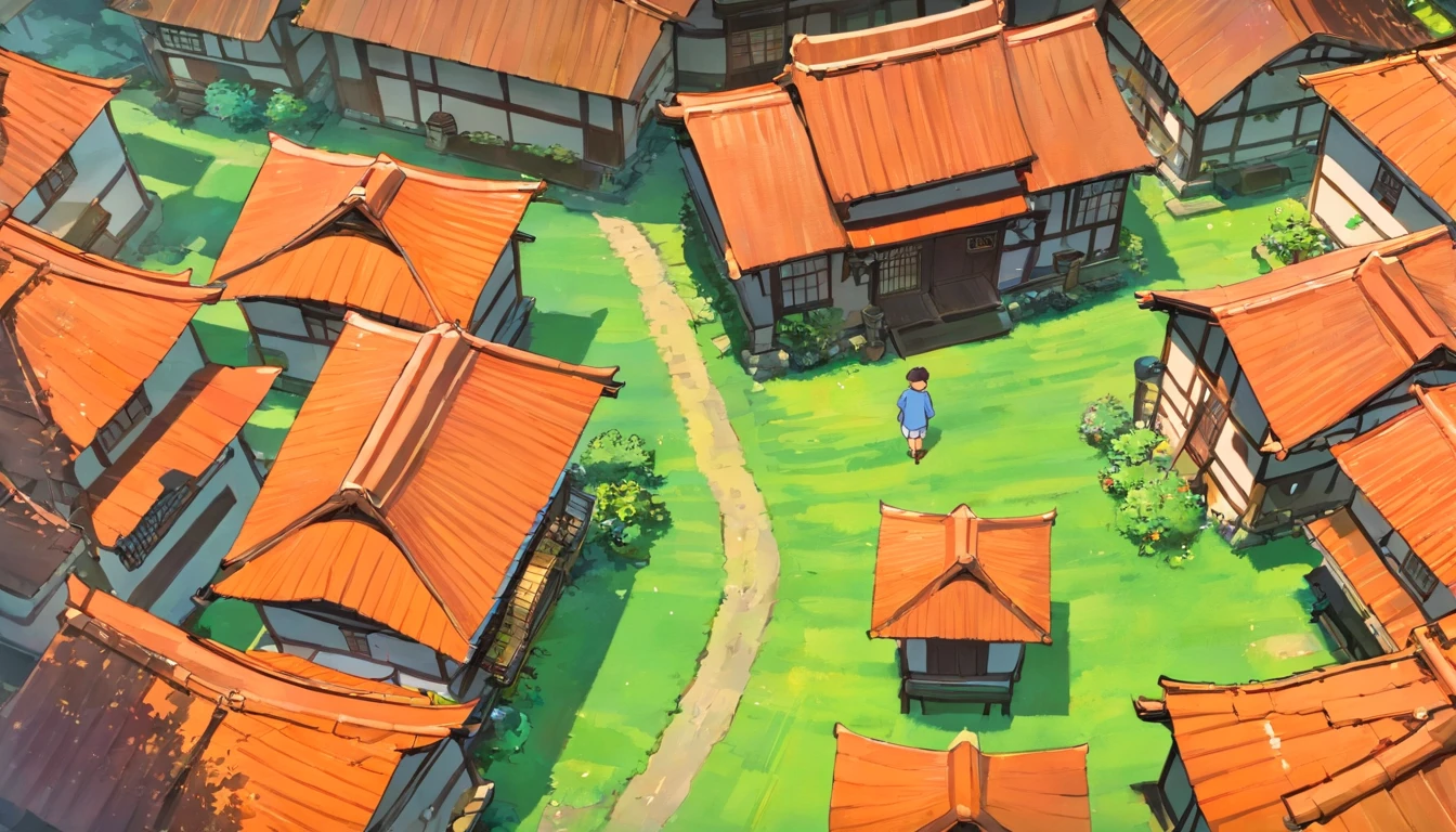 cozy rainy village 1970 japan from the top down where a protagonist is from