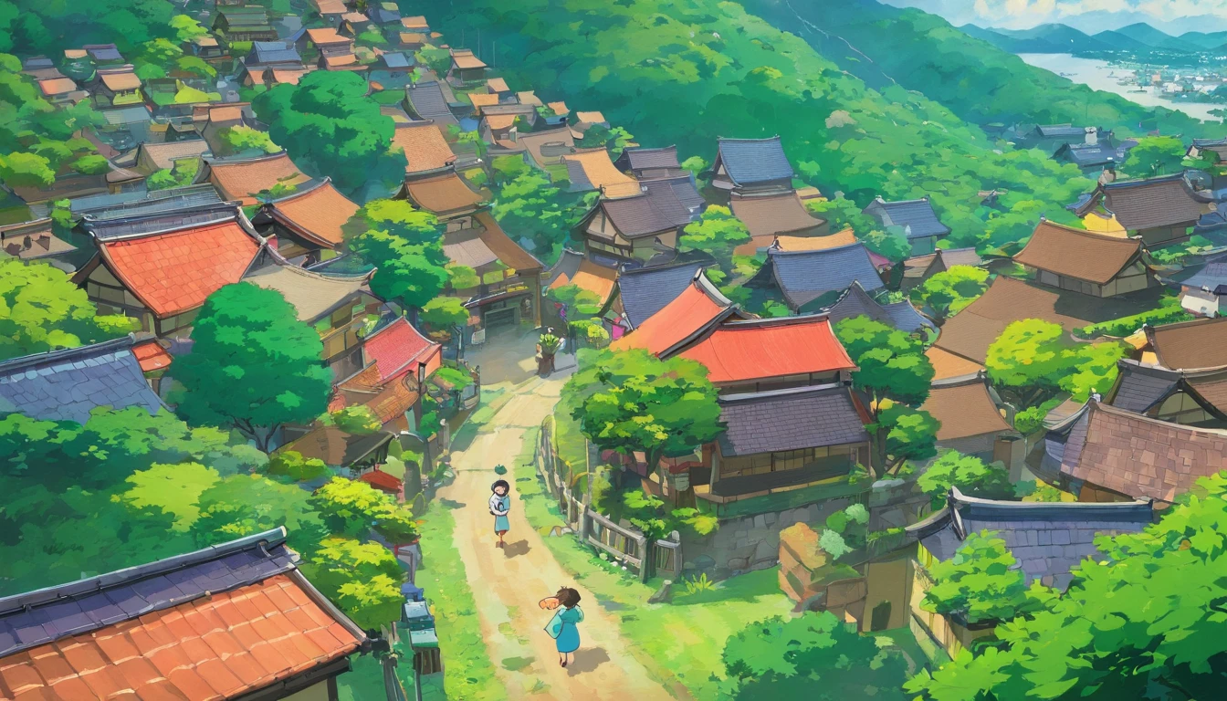 cozy rainy village 1970 japan from the top down where a protagonist is from