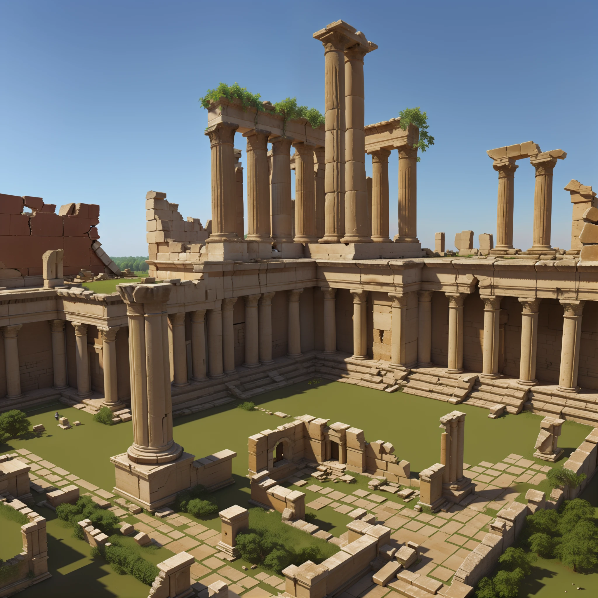 European style,Card ventilation,A ruin,Ancient ruins,(The remains have broken columns,Collapsed walls,broken statues),weeds,High-quality 3D