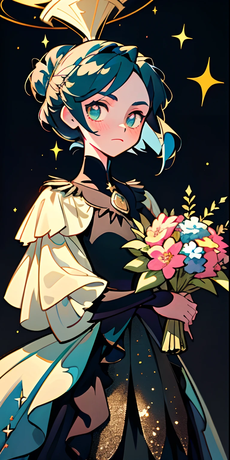(Best quality at best,tmasterpiece),2girl,galaxias,glitters,underdressing,Particle,ventania,florals,The upper part of the body,Dark simple background,looking at viewert,Bluehaired,Bouquet