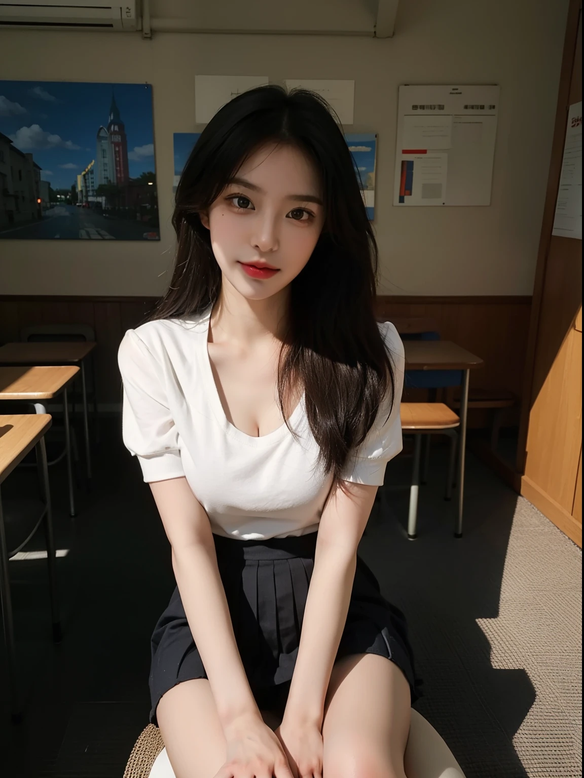 a RAW Photo of girl, (Masterpiece:1.5), Best quality, 超高分辨率, high detal, (Photorealistic:1.5), detail in face, Detailed eyes, Detailed face, 1girll, ((Solo)), full bodyesbian, (Medium breast:1.3), Pale skin, Quadriceps hair, school uniform, Short skirt, long socks, in class room, improper sitting, Wide thighs, crotch visible, People looked at her, Focus on the viewer