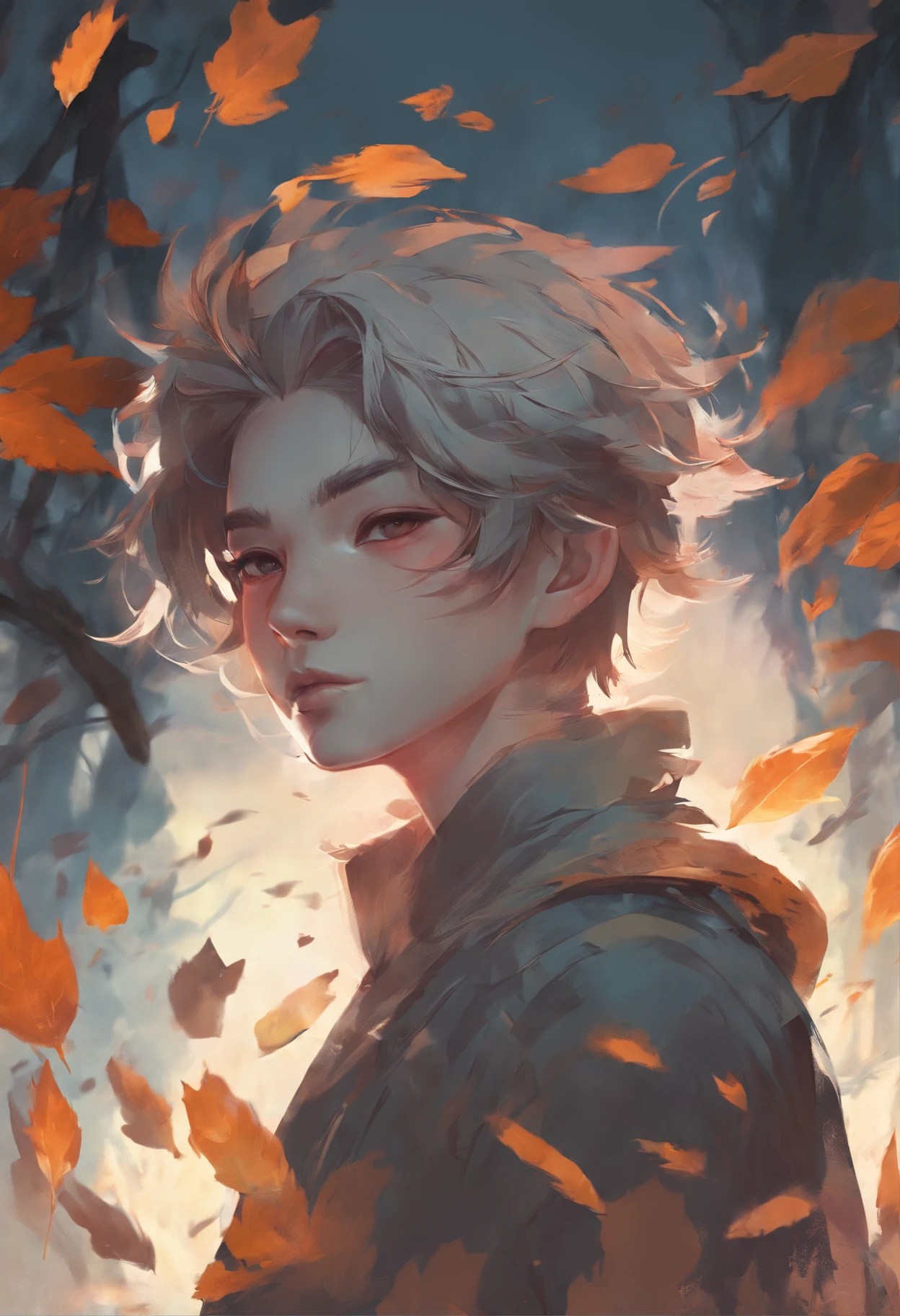 autumn light, autumn environment, masterpiece, young korean idol boy with wolf ear on his head, korean male,full body size, eastern fantasy theme, grey eyes, vertical pupils, forest, grey hair, cold look, light clothes, pale skin, colour grading, light illustration, the person in the middle, extreme quality, radiant, extremely detailed, ultra-detailed face, ultra hd 8k, ultra digitality, mythical, autumn lightning, concept art portrait by Greg Rutkowski, artgerm, hyperdetailed, intricately detailed art, fantasy style, triadic colours, fantastical, intricate detail, splash screen, complementary colours, fantasy concept art, 8k resolution, deviantart masterpiece, oil painting, heavy strokes, soft lighting, film photography, analogue photography, film grain, Anna Dittmann, hyperrealism, oil dripping,boy,male, korean idol male face, short hair male,