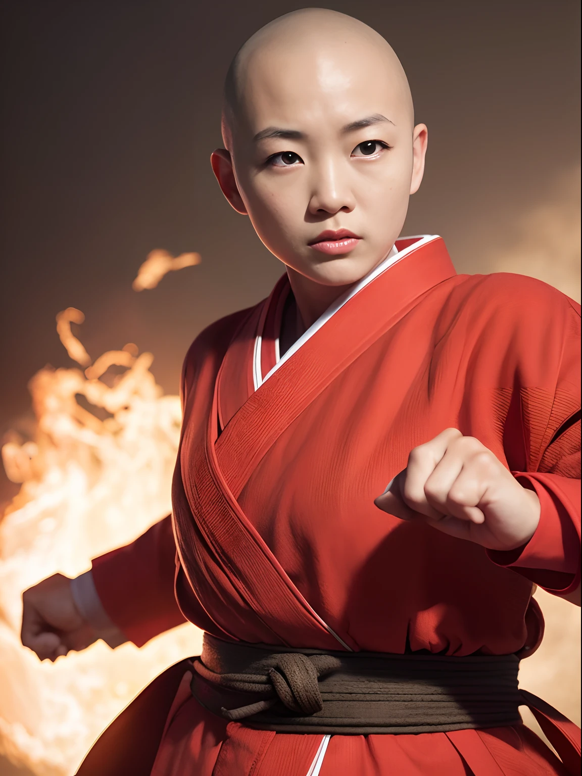 (japanese woman). Shaolin monk hyper - detailed, make a super power fist and destroys the world, cinematic 8k, (japanese woman), baldhair, skinhead, lady, Karate uniform