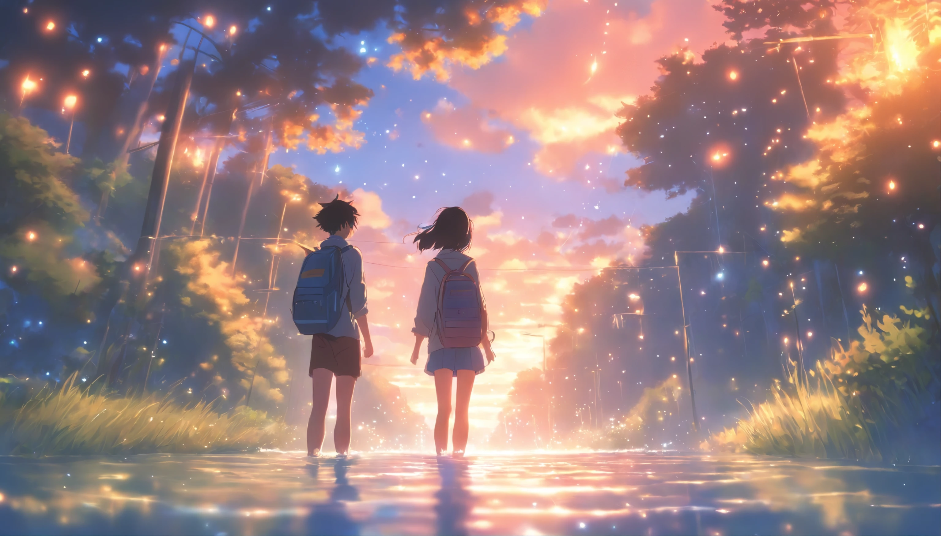 High Quality Masterpiece ，scenecy，Anime teenager crossing the water surface of campus， Glittering starry sky。Romantic Campus，Pisif，concept-art，Laffy art style，Reflectors。 by makoto shinkai, lofi art, Beautiful anime scenes, Anime landscapes, detailed scenery —width 672, in the style of makoto shinkai, style of makoto shinkai，Detail Enhancement