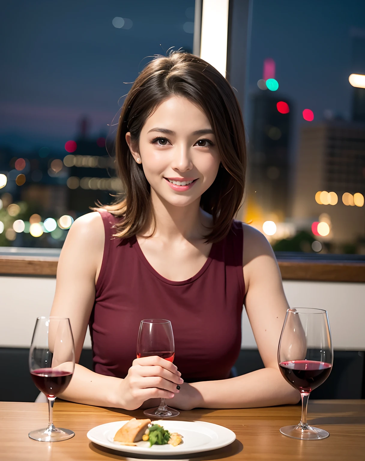 (64K, UHD, top quality, masterpiece: 1.2), (realistic, photorealistic: 1.37), super detailed, pretty woman 1 person, (slim face), (slim body), (brown hair), (short cut), cheeks slightly blushing, (44 years old), 38 years old, solo, beautiful detailed urban night view outside the window, restaurant, wine glasses sit, at night, in a prominent placeNovaFrogStyle, Actress, Model, Waist Up, White Wine, Slim, Wine Glass, Super Clean Night View, Wine Glass Put in the Middle, Happy Smile, (Smile: 1.15), Beautiful Fine Eyes, Upper Body, Bust Japan Up, Night, Short, Short, Actress, Model, Waist Up, White Wine, Slim, Wine Glass, Super Clean Night View, Wine Glass Put in the Middle, Happy Smile,