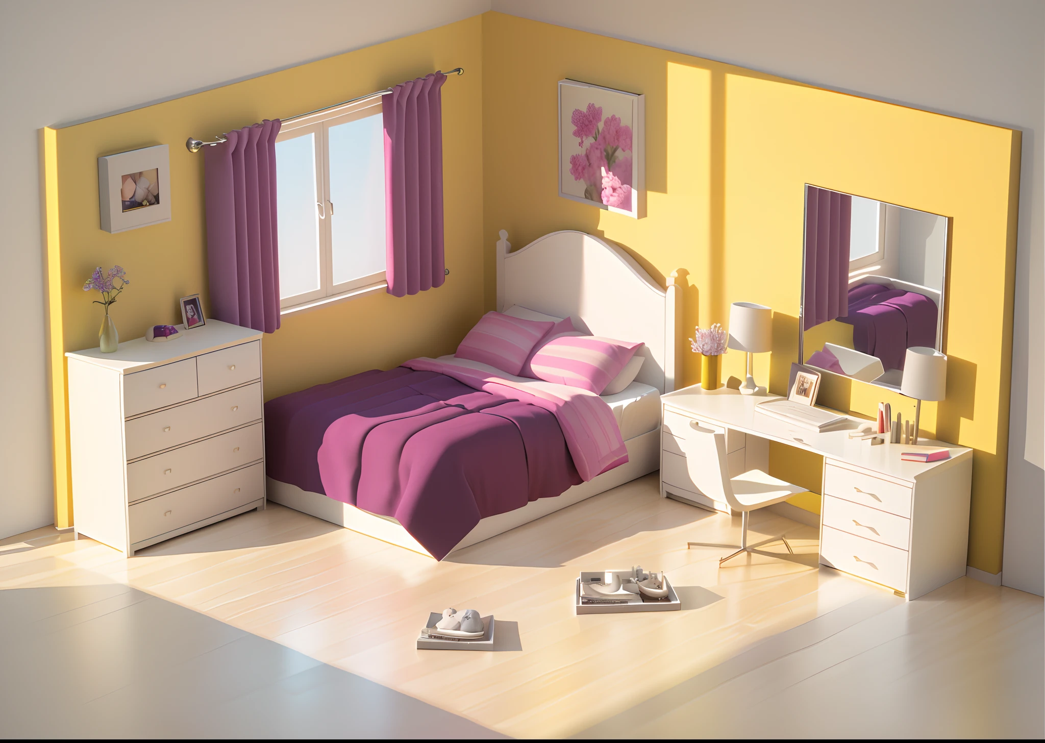 Image of Arafed in bedroom with bed, desk, Mirror and dresser, animation style render, stylized 3d render, 3 d stylize scene, isometric 3d render, rendered in 3 dsmax, cute 3 d render, personal room background, Small room, a sunny bedroom, 3 d render stylized, realistic 3 d style