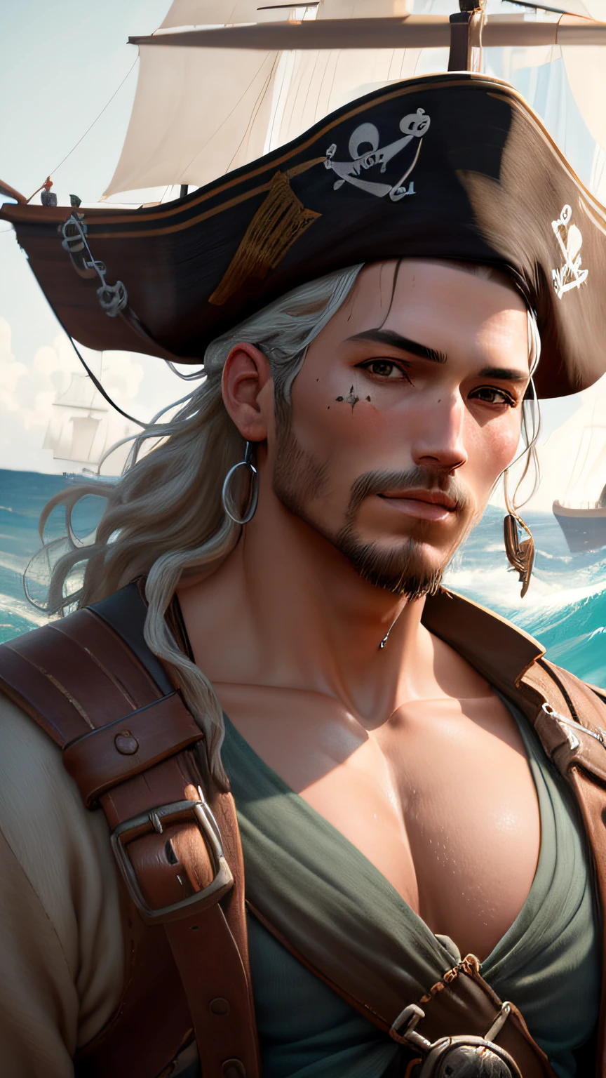 (((Body Portrait)))、a pirate, , a picture,Soft lighting, Soft Detail, octane, Art Station Trend, ultra high detail, A hyper-realistic, Cinematic,16 K, ​masterpiece, top-quality, hightquality, hight resolution、Body Portrait、Rough sea and pirate ship background、