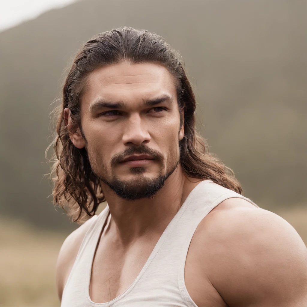 Arroganter Mann mit langen Haaren , maskulin und robust, sexy masculine, White shirt, Jason Momoa, masculine and beautiful, Strong masculine traits,, Christian Cline, Mittelaufnahme eines gutaussehenden Mannes, Er ist ein Rockstar, zerrissen, The extremely hot and sexy, Attractive male, Hose, skandinavische Wohnung im Hintergrund,