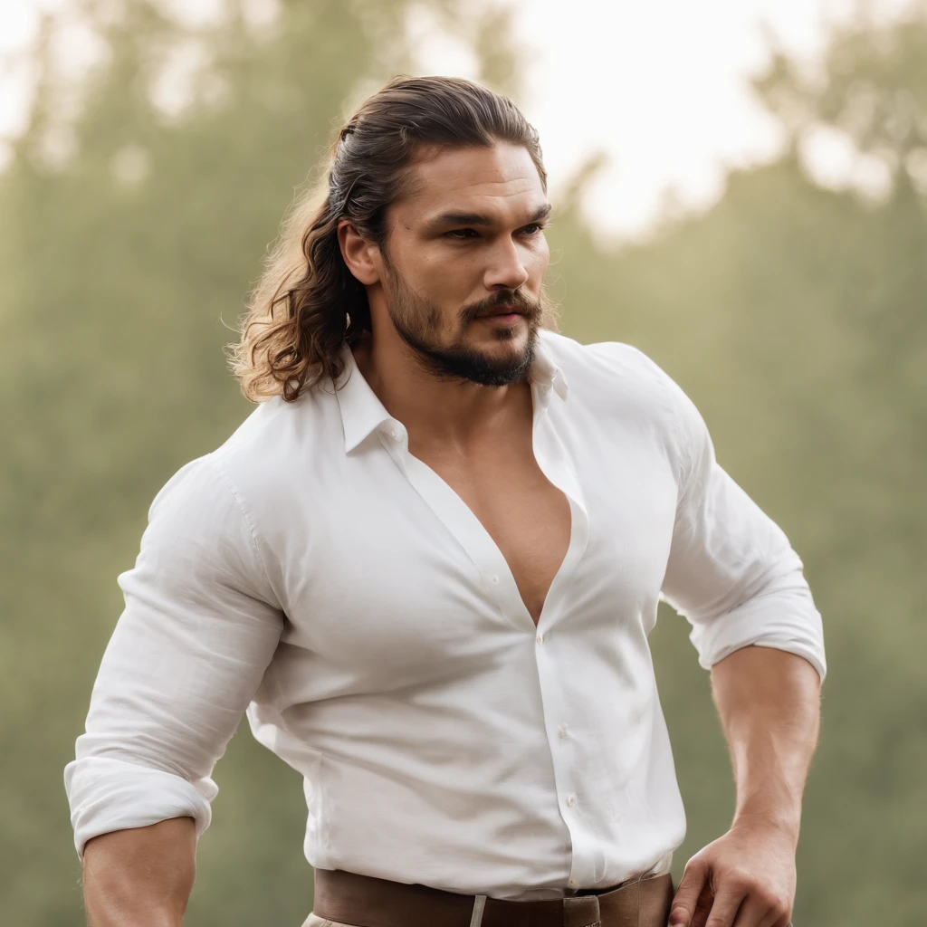 Arroganter Mann mit langen Haaren , maskulin und robust, sexy masculine, White shirt, Jason Momoa, masculine and beautiful, Strong masculine traits,, Christian Cline, Mittelaufnahme eines gutaussehenden Mannes, Er ist ein Rockstar, zerrissen, The extremely hot and sexy, Attractive male, Hose, skandinavische Wohnung im Hintergrund,