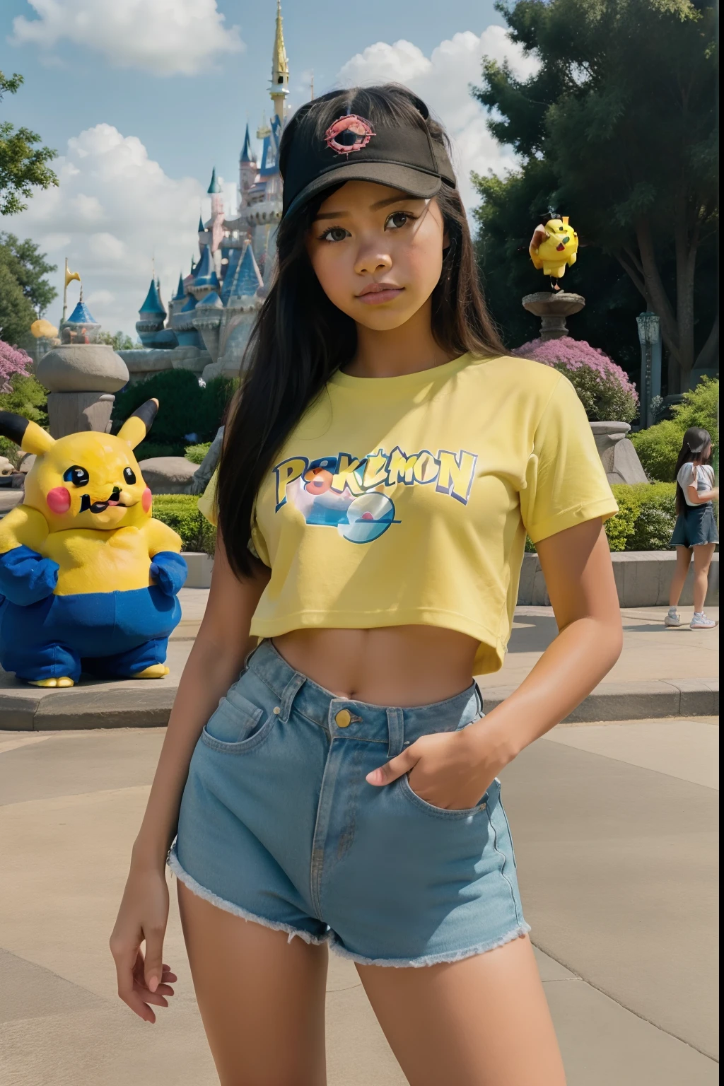 sexy woman, black hair, blue dress, carrying a Pikachu doll, looking at the camera, park background