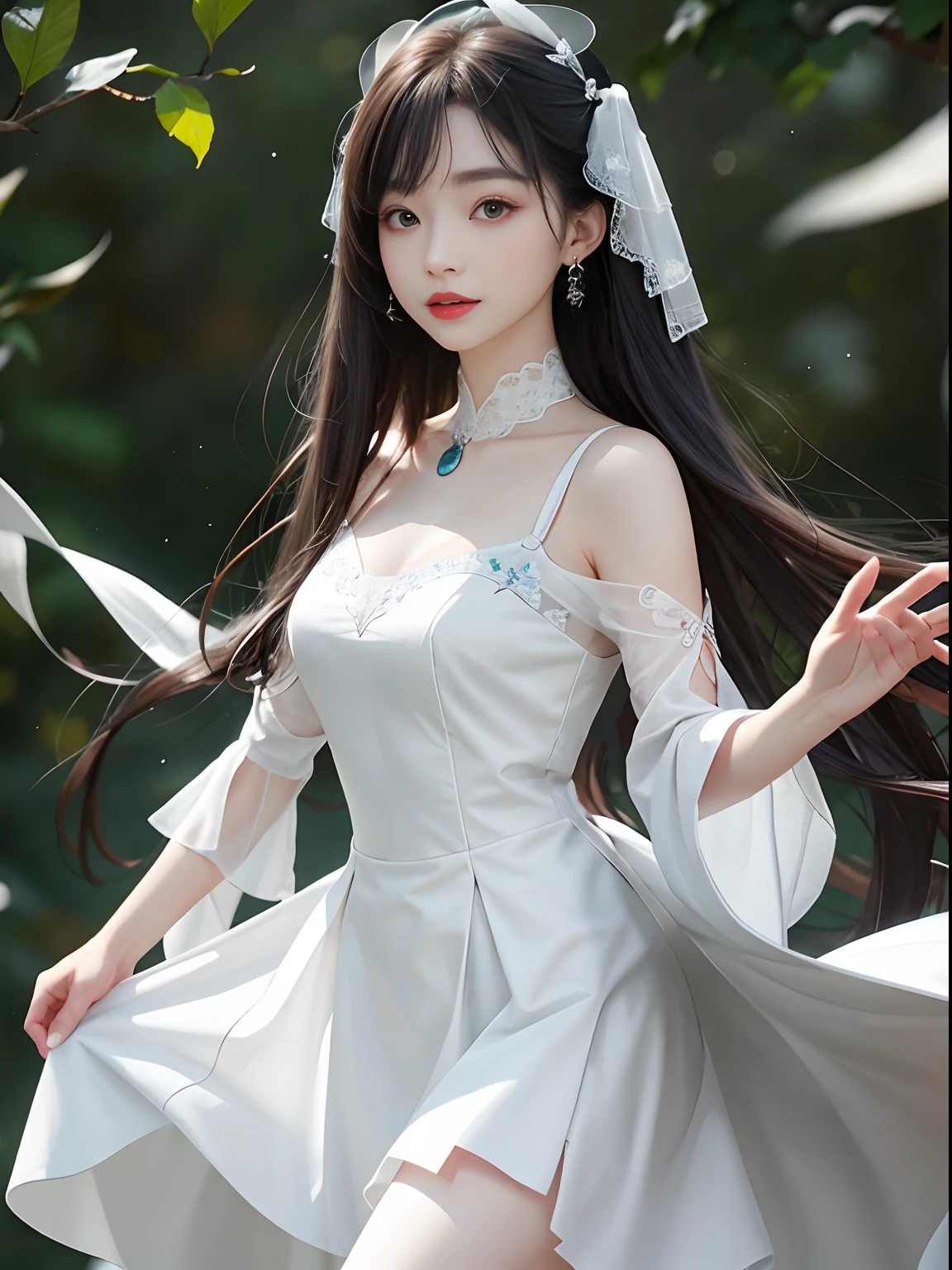 Unbeatable masterpiece, Ultra photo realsisim , Perfect artwork , Intricate details , Best quality , Strong light , High contrast , Dynamic pose , Dutch angle , ((Depth of field)) , 1 girl , ((White flowers)) , Gothic Victorian architectural watercolor (mediating) , Colored pencils (mediating) , Aesthetic ,Intricate , Detailed background , Looking_at viewer , Sayaka Miki(Girl in intricate clothes \(Teal Victorian long dress):1.2) ,(Take a walk in the White Garden) , Casual pose , posing on a , ((White cape)) , bustle , Corset , Rufles , Lace , pettycoat , Hoop skirt ,Puff sleeves , water , Water droplets , pearls , Outdoors , (White petals) , (teal dress) , sky , (Fair thighs high) , straighthair , hair splayed out , Floating hair , white hair ribbon , aqua eyes .Best quality,