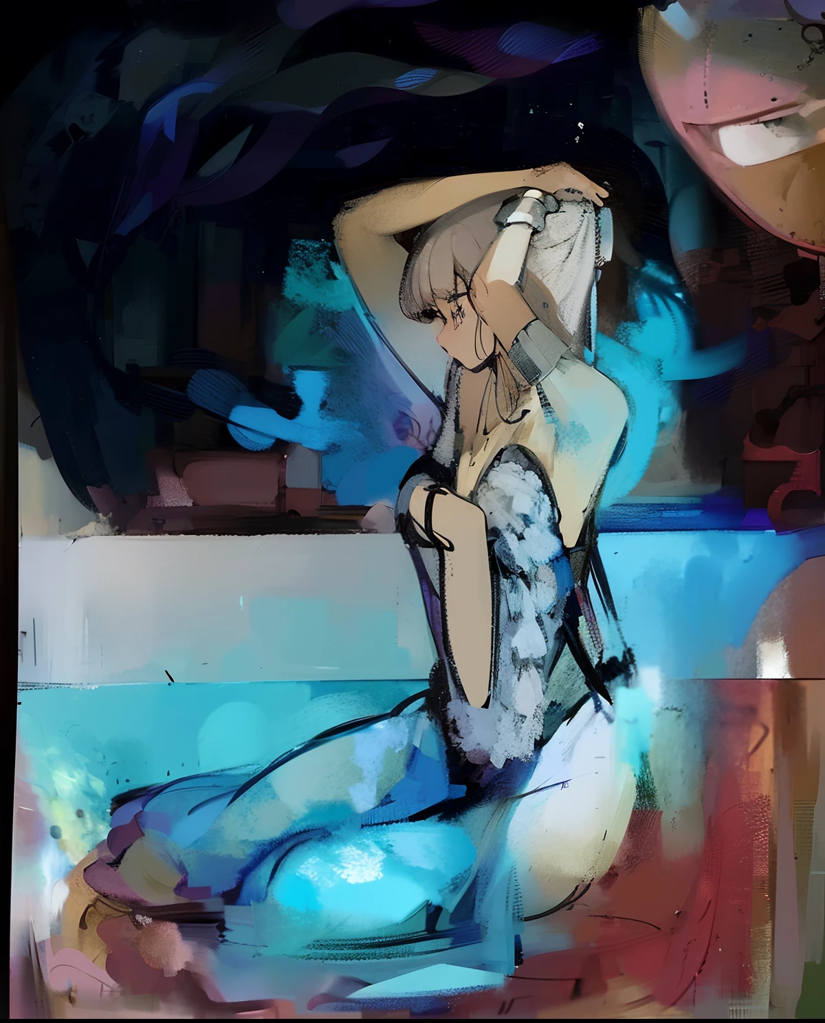 Painting of a woman sitting on the floor with her hands on her head, an expressive digital painting, digital mixed media painting, in the style of digital painting, digitally drawn, art digital painting, digital paiting, digital sketch, #1 digital painting of all time, # 1 digital painting of all time, sultry digital painting, glossy digital painting, style digital painting