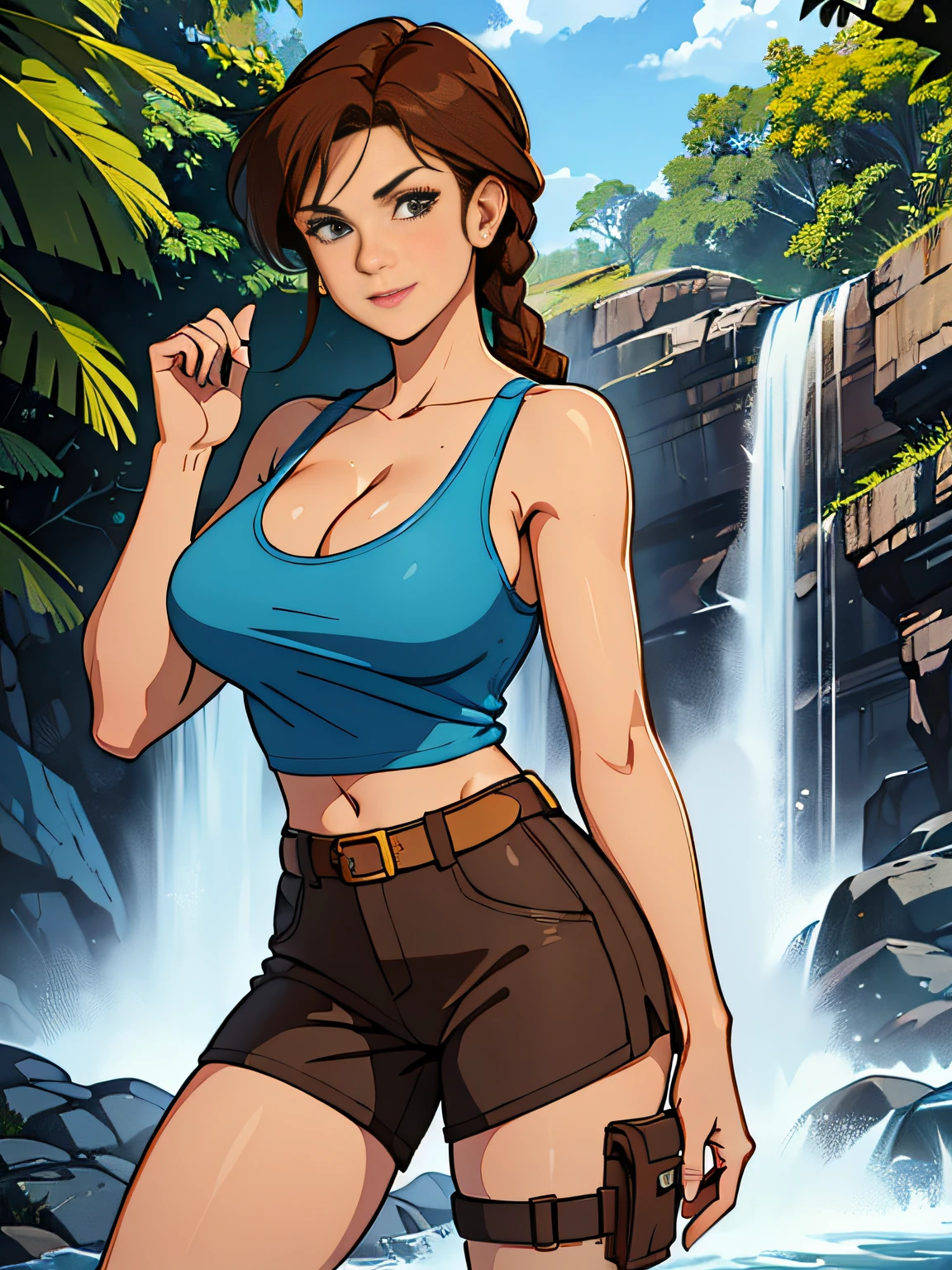 cowboy shot, lara croft in light blue tank top and brown shorts and hip holsters on both legs, 1980s \(style\), 1girl, Full-body figure, dark brown hair, single braid hair, retro artstyle, looking at viewer, solo, light blue tank top, big tits, (naked_breasts:1.2), big_breasts, cleavage, jungle waterfall in the background