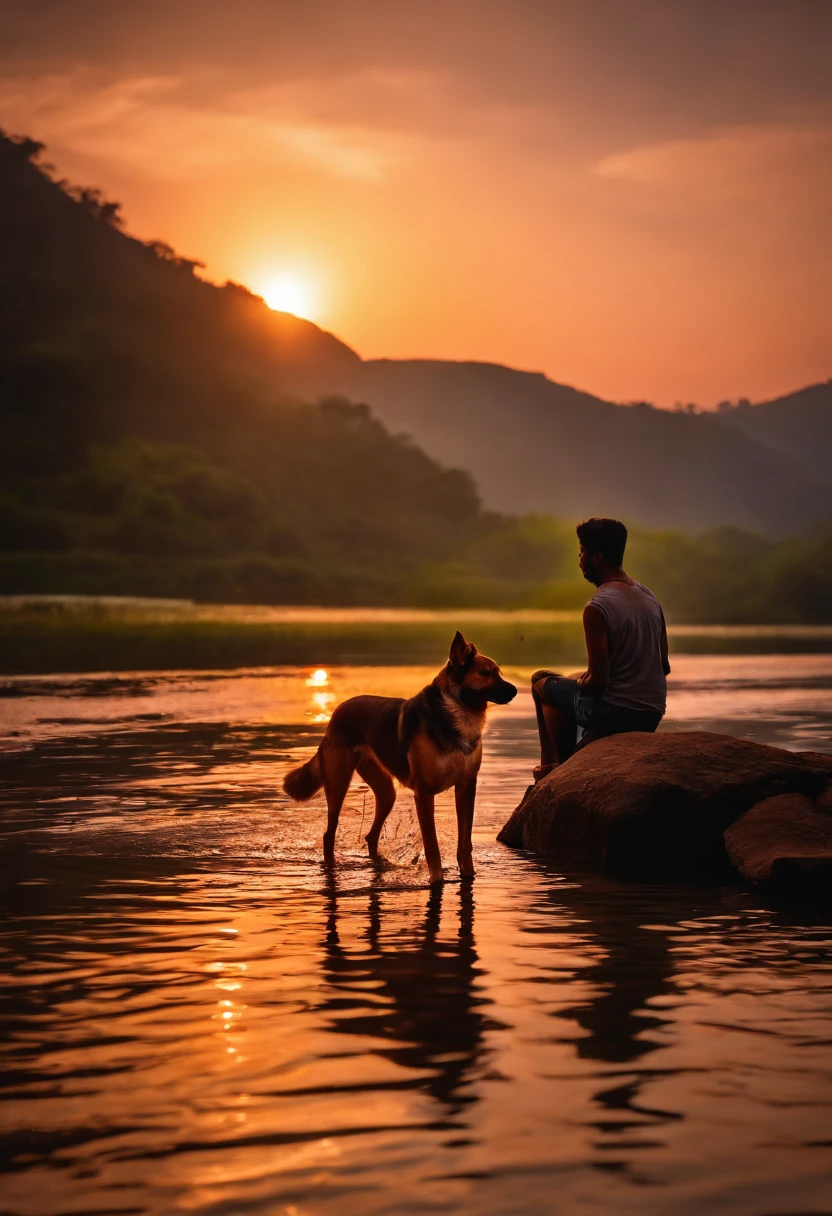 Imagine Dog boy in ganga nadi ghat hyper realistic sunset time