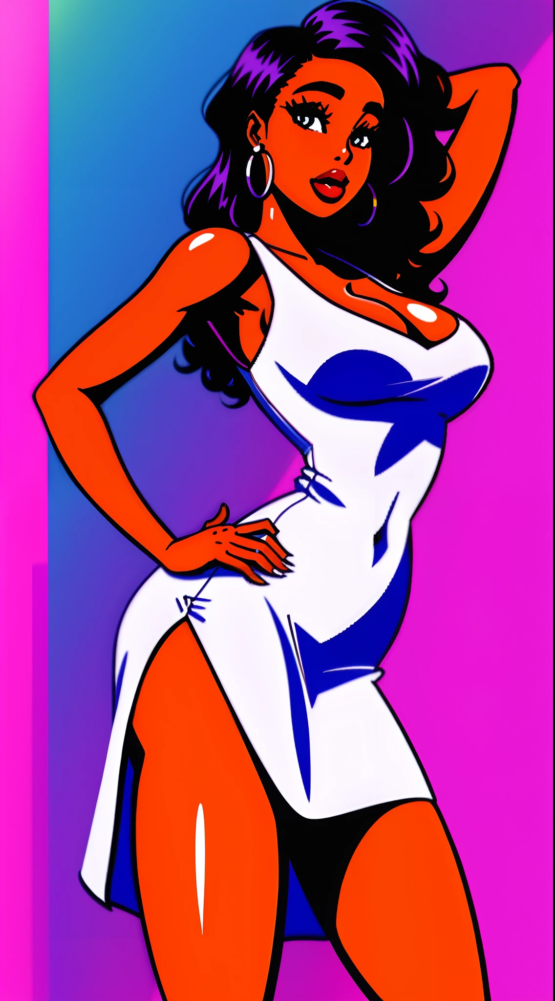 front view of a nice black woman, beutiful woman with a nice white dress at club, at day, turn body to left, 2d flat cartoon style, small tits