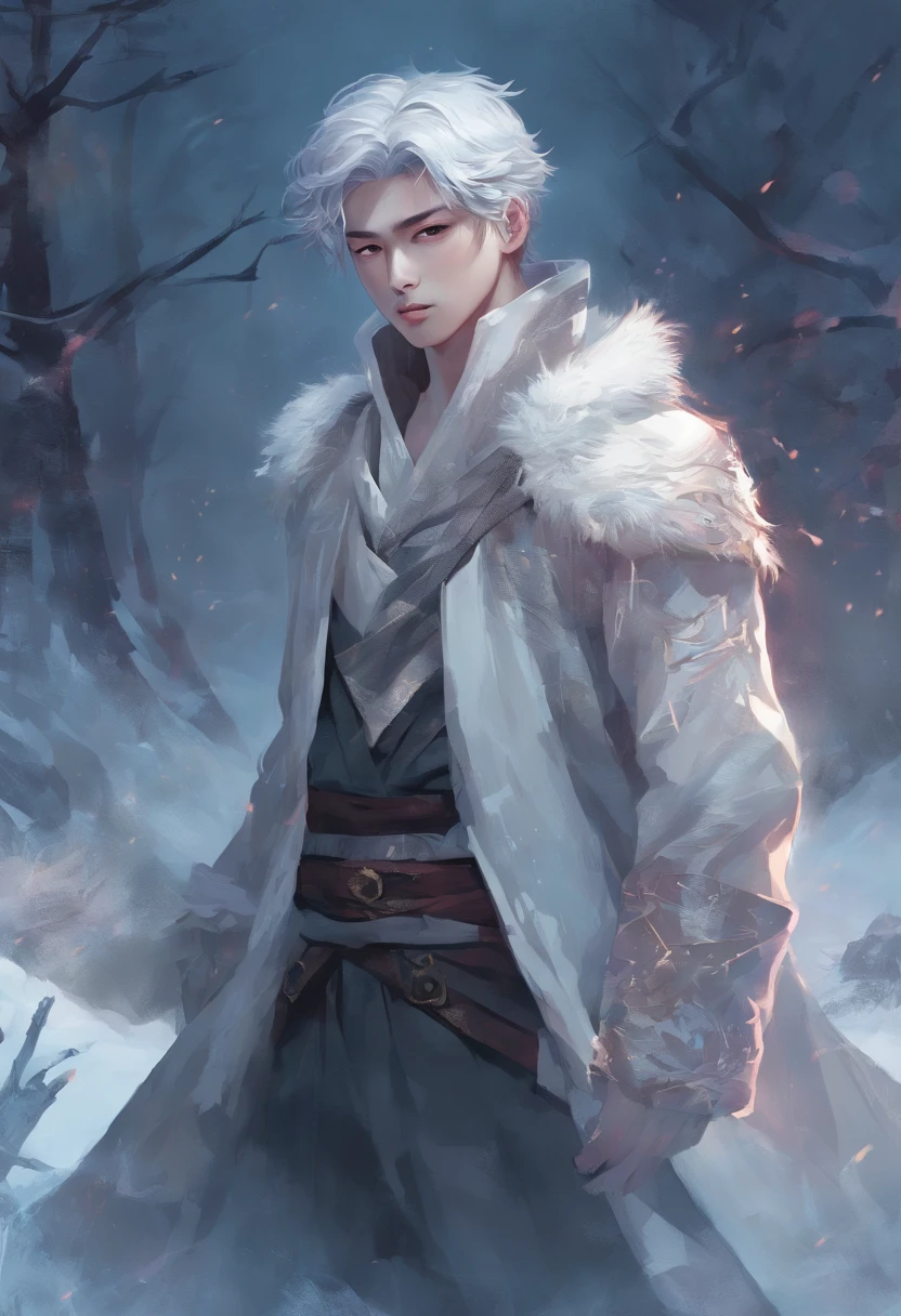 winter light, winter environment, masterpiece, young korean idol boy, korean male,full body size, eastern fantasy theme, grey eyes, vertical pupils, forest, grey hair, cold look, light clothes, pale skin, colour grading, light illustration, the person in the middle, extreme quality, radiant, extremely detailed, ultra-detailed face, ultra hd 8k, ultra digitality, mythical, winter evening lightning, concept art portrait by Greg Rutkowski, artgerm, hyperdetailed, intricately detailed art, fantasy style, triadic colours, fantastical, intricate detail, splash screen, complementary colours, fantasy concept art, 8k resolution, deviantart masterpiece, oil painting, heavy strokes, soft lighting, film photography, analogue photography, film grain, Anna Dittmann, hyperrealism, oil dripping,boy,male, korean idol male face, short hair male,