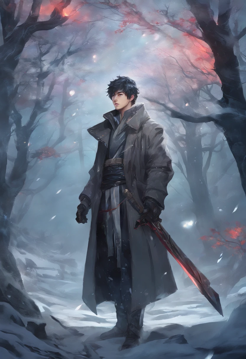 winter light, winter environment, masterpiece, young korean idol boy, korean male,full body size, eastern fantasy theme, grey eyes, vertical pupils, forest, grey hair, cold look, light clothes, pale skin, colour grading, light illustration, the person in the middle, extreme quality, radiant, extremely detailed, ultra-detailed face, ultra hd 8k, ultra digitality, mythical, winter evening lightning, concept art portrait by Greg Rutkowski, artgerm, hyperdetailed, intricately detailed art, fantasy style, triadic colours, fantastical, intricate detail, splash screen, complementary colours, fantasy concept art, 8k resolution, deviantart masterpiece, oil painting, heavy strokes, soft lighting, film photography, analogue photography, film grain, Anna Dittmann, hyperrealism, oil dripping,boy,male, korean idol male face, short hair male,