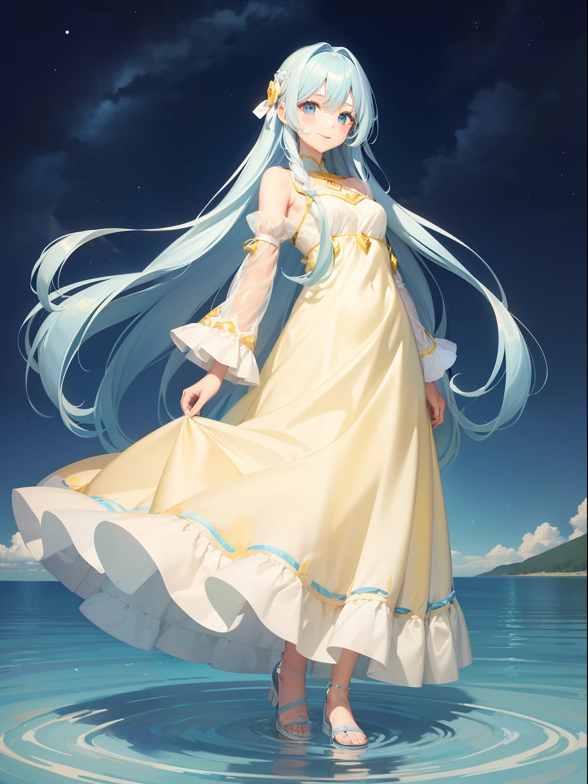 Pretty girl　Light blue long hair　a smile　Yellow long dress　On the lake　starrysky　full body Esbian　Face Highlights