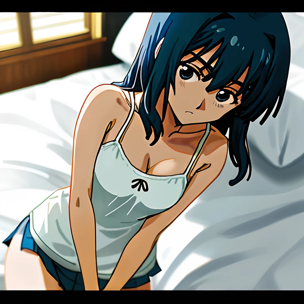 A sexy girl,Kneel on the bed with white sheets,Wear a white vest with a camisole on the upper body,Wear a white miniskirt underneath,Grab the white quilt with both hands and hold it to your chest,The expression is shy,Soft warm light from the windows,Cinematic tones,Top-down view,The picture is hazy,anime figure