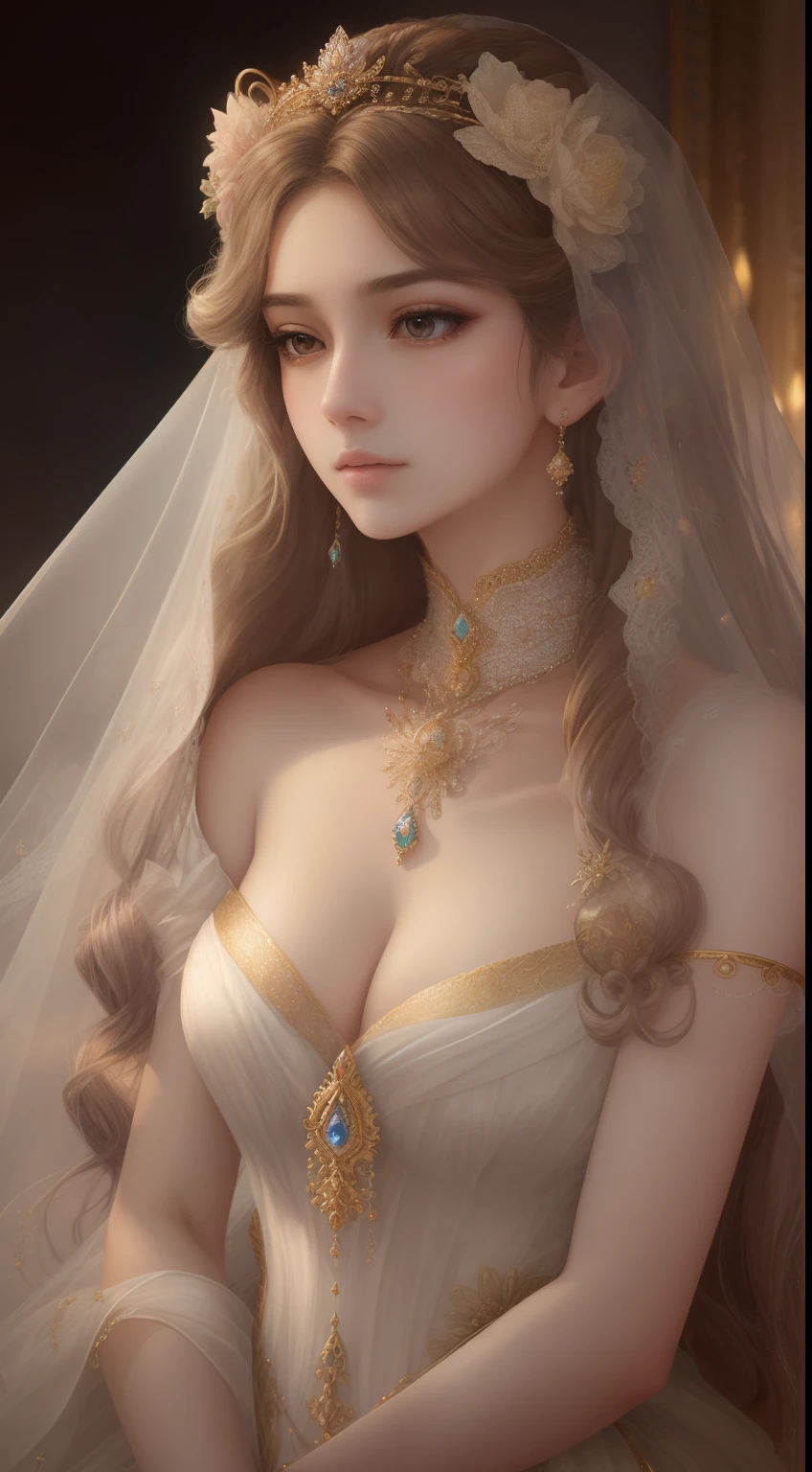 tmasterpiece，Highest high resolution，Soft lighting，Beautiful aristocratic maiden，Delicate coiled hair，curlies，Shining clear eyes，The hair is covered with beautiful and delicate floral jewelry craftsmanship, crystal、diamond jewelly，Ultra-detailed details，upscaled。Pastel, Dreamy, Delicate, Gorgeous golden shell crown, Epic surrealism, The upper part of the body，Meticulous, extremely hyper aesthetic，upscaled