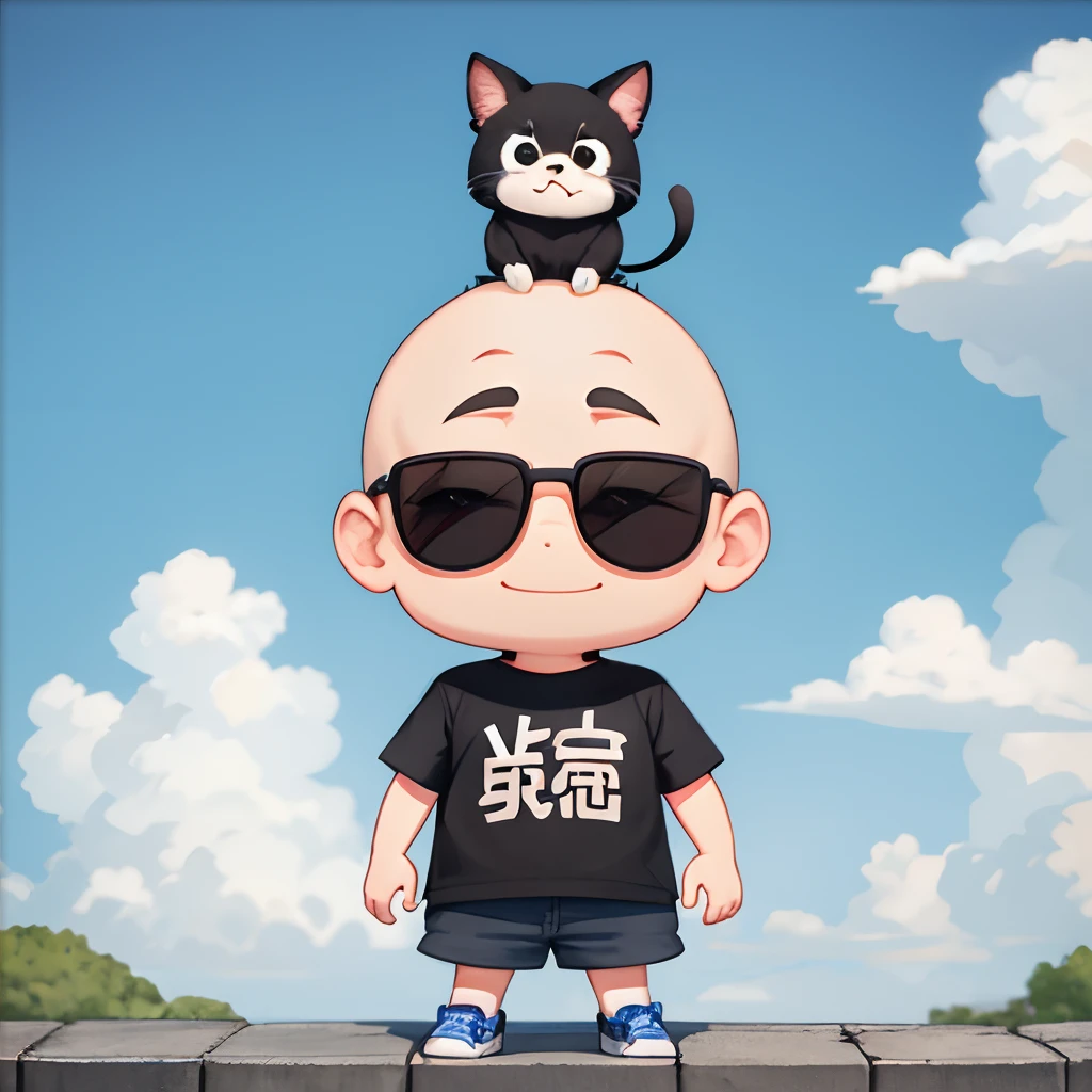 Harvest、Wearing a cap、shoun、stubbles,pinging、Very short、1 persons,bald-headed, 独奏, (Bald little fat man:1), tchibi, Black eyes, comic strip, Man、white backgrounid, white backgrounid, a sticker, Thick black silhouette,、bald-headed、elementary student、full body Esbian、Blue shorts、short detailed hair、Cool、Wearing sunglasses，Mini、Blue shorts、black t-shirts、There is a cat on the head、Chibi Chara.playing game、bald-headed、Libido boy、with light glowing、photographers、A smile、Take a picture with your phone、short