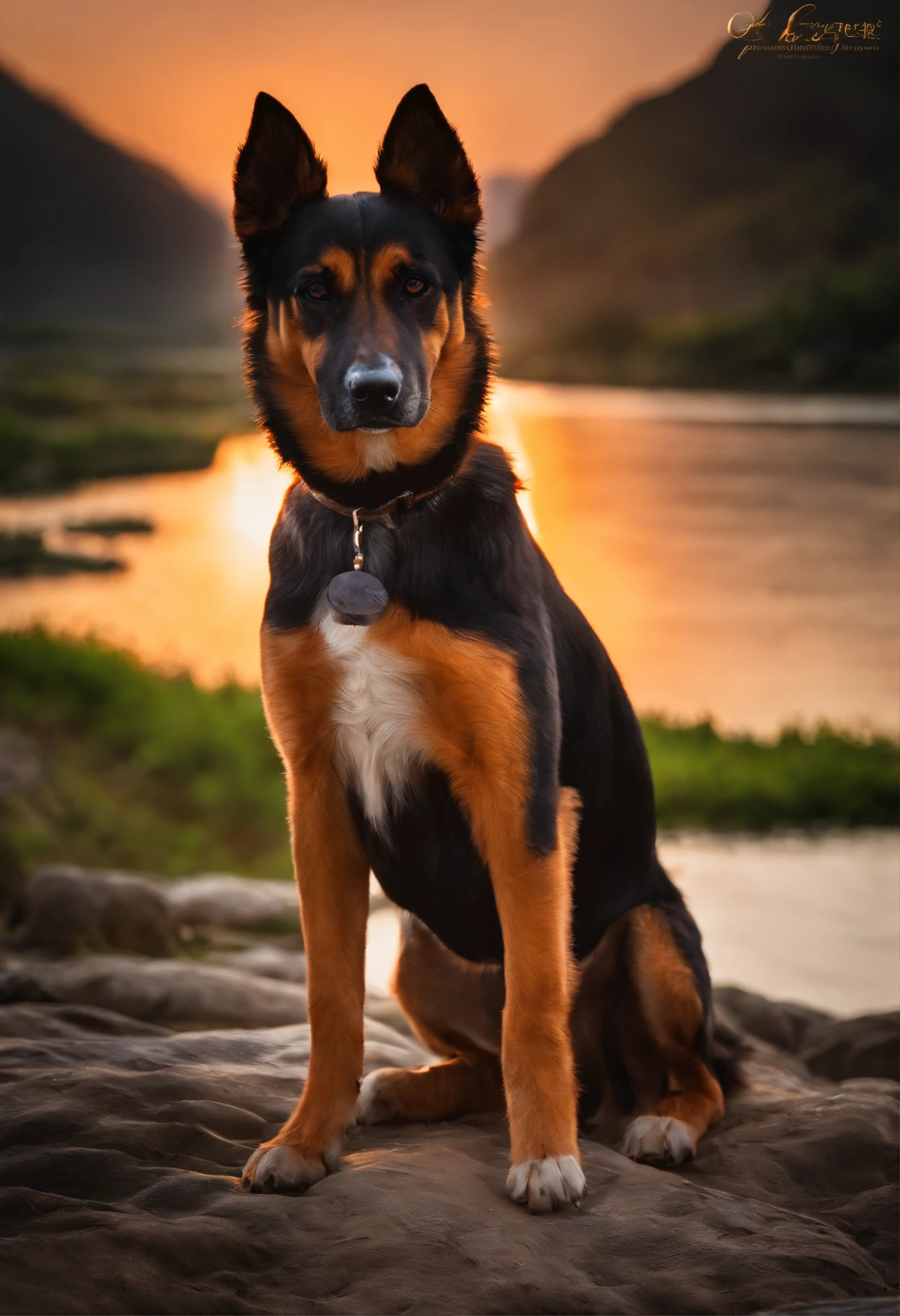 Imagine Dog boy in ganga nadi ghat hyper realistic  sunset time