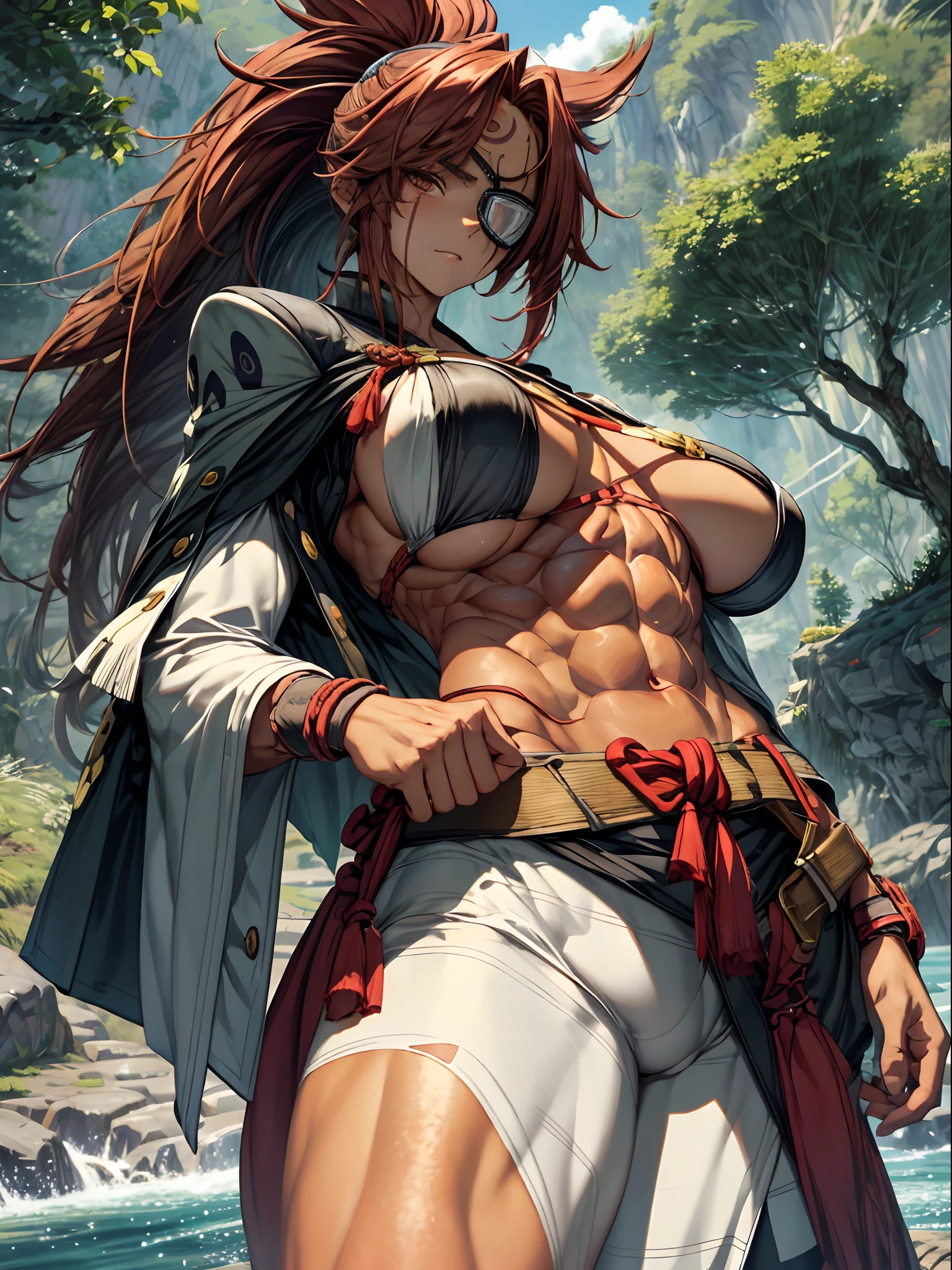(masterpiece, best quality:1.2), ((river_background)), ((muscular:1.3)), upper_body, cowboy shot, solo, 1girl, baiken, amputee, serious, closed mouth, looking at viewer, ponytail, eyepatch, multicolored clothes, open clothes, japanese clothes, kimono, large breasts, I want you to create a character that can act as a stage for a movie. For the stage, some forest/river thing would be cool. Also, if you can keep the red rope she has in her waist and the katana. My first request is for you to make an album, keeping the color and design of her original outfit. If you can do that, I would like you to include some illustrations of the character as well. For example, you could do a black and white version of her outfit. I would also like the art to be faithful to the character (she doesn't have one arm and has an eye patch).
