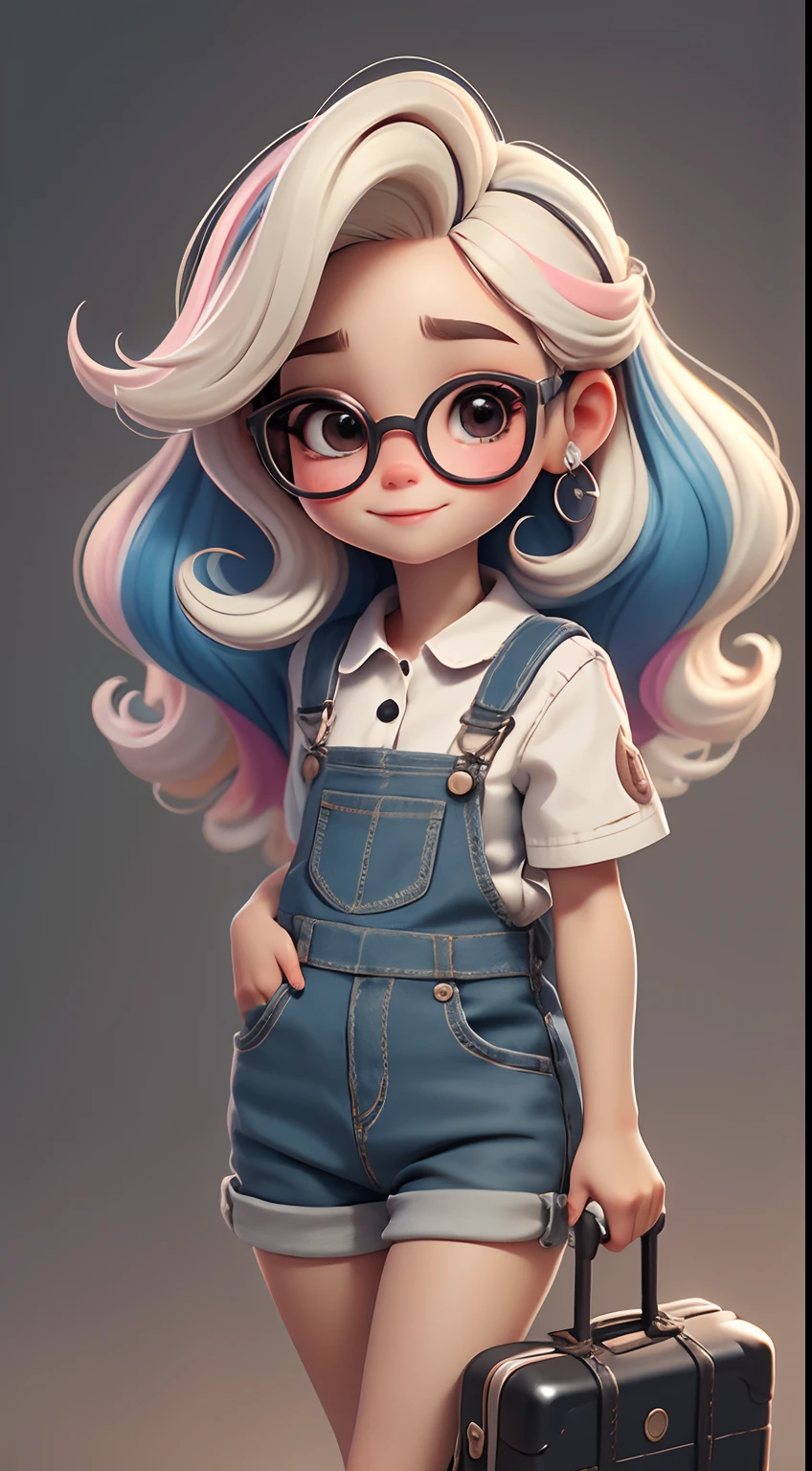 Create a series of cute black dread dolls baby chibi style with a cute travel theme, each with lots of detail and in an 8K resolution. All dolls should follow the same solid background pattern and be complete in the image, mostrando o (corpo inteiro, incluindo as pernas: 1.5)

Boneca Mini viajante: Chame-a de Marina. Ela deve ter cabelo pequeno em tom multicolorido. Seus olhos devem ser grandes e expressivos, with long eyelashes and rosy cheeks. Sorriso delicado e branco. Marina must be dressed in overalls, sun glasses, Uma camisa, Camiseta, She must carry travel accessories and a suitcase. Certifique-se de adicionar detalhes nas roupas, such as buttons and pockets, sapato bonito

Certifique-se de adicionar sombras, texturas e detalhes nos cabelos, roupas, Travel utensils, to make them even more adorable and charming.