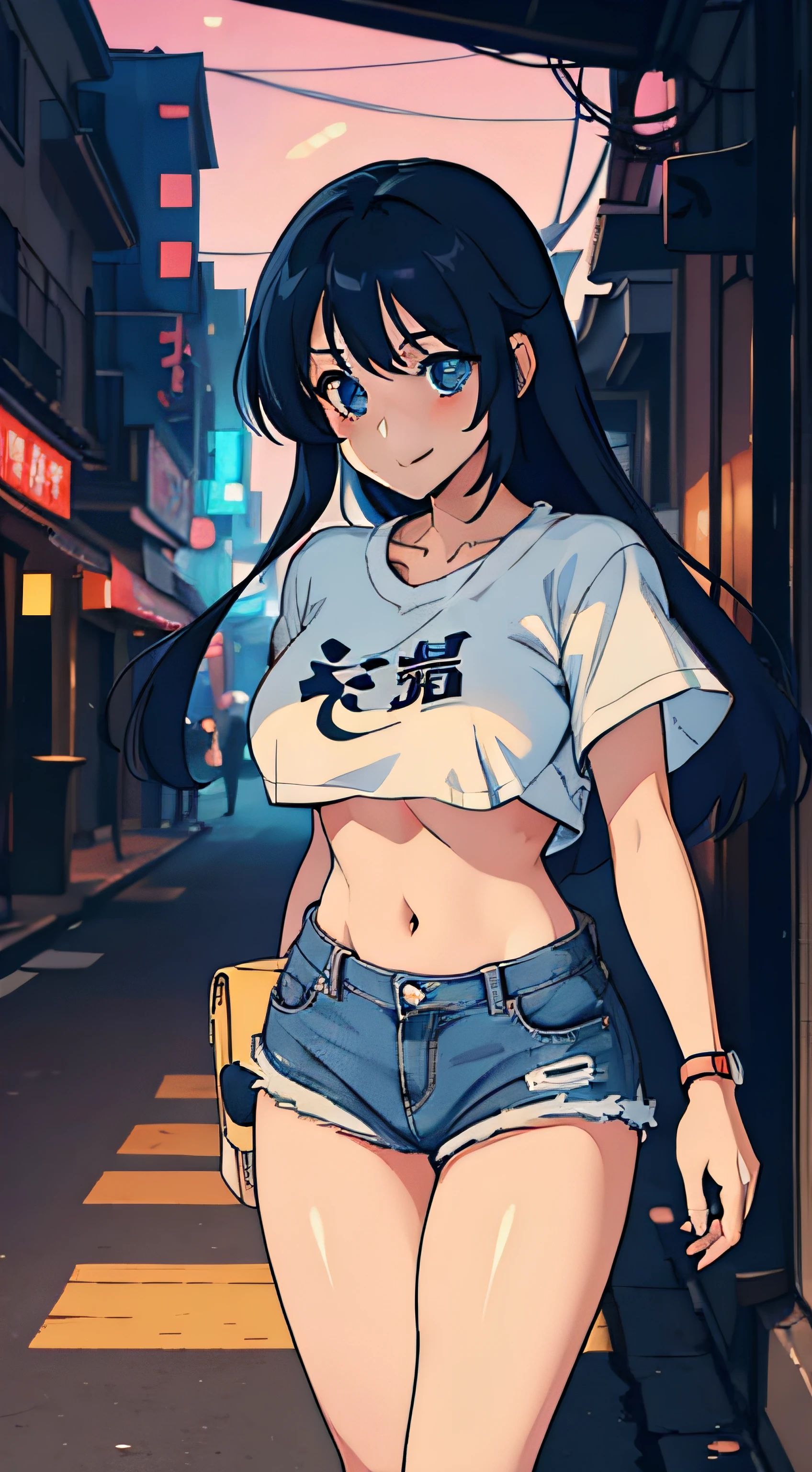 anime girl in denim shorts and white shirt in a night city, anime style 4 k, best anime 4k konachan wallpaper, badass anime 8 k, anime moe artstyle, 4k anime wallpaper, anime art wallpaper 8 k, 4 k manga wallpaper, anime art wallpaper 4 k, anime art wallpaper 4k, anime wallpaper 4k, anime wallpaper 4 k, ultra detailed eyes, (masterpiece), underboob, smiling
