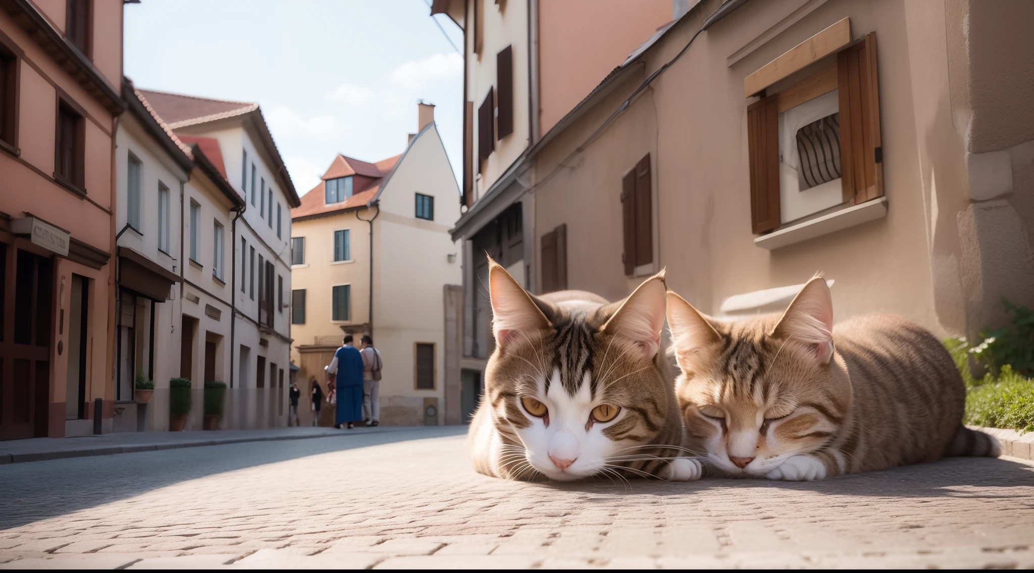 catss, Brown hairs, Are sleeping, Stay on the streets of the Old Town, Low perspective, top-quality, masterpiece, Photorealsitic, ultra-detailliert, PM, natural soft light
