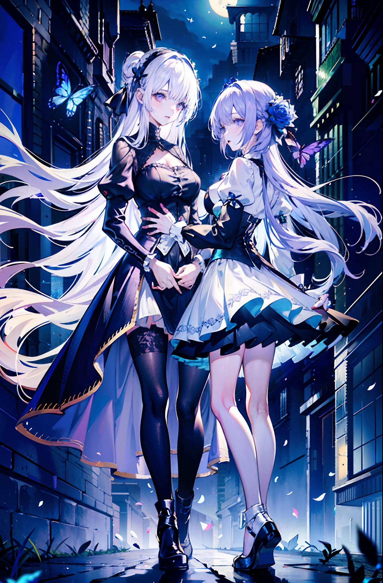 ((On the streets of the Middle Ages,2 girls,Twin sisters)),silber hair,butterflys,long whitr hair,8k wallpaper,detailedbackground,Highest high resolution,deep v big breasts,Hair over eyes,Bandeau,Purple roses,tight-fitting,themoon,stocklings,