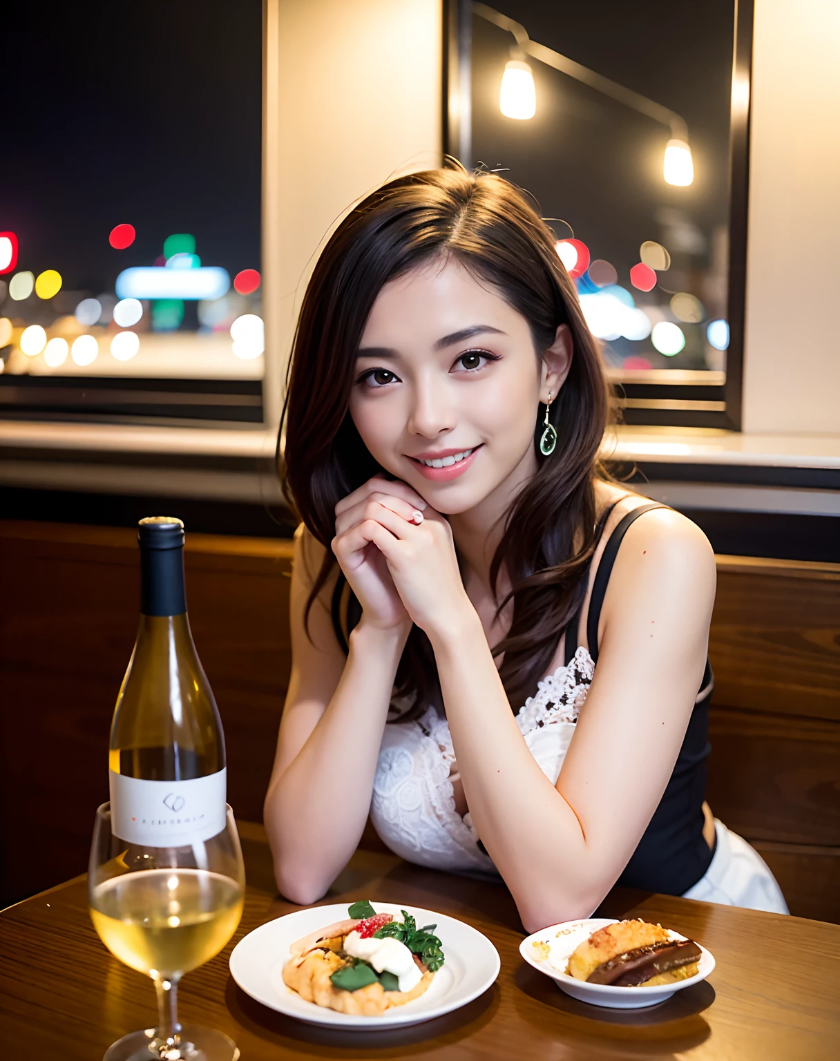 (64K, UHD, top quality, masterpiece: 1.2), (realistic, photorealistic: 1.37), super detailed, pretty woman 1 person, (slim face), (slim body), (brown hair), (short cut), cheeks slightly blushing, (44 years old), 38 years old, solo, beautiful detailed urban night view outside the window, restaurant, wine glasses sit, at night, in a prominent placeNovaFrogStyle, Actress, Model, Waist Up, White Wine, Slim, Wine Glass, Super Clean Night View, Wine Glass Put in the Middle, Happy Smile, (Smile: 1.15), Beautiful Fine Eyes, Upper Body, Bust Japan Up, Night, Short, Short, Actress, Model, Waist Up, White Wine, Slim, Wine Glass, Super Clean Night View, Wine Glass Put in the Middle, Happy Smile,