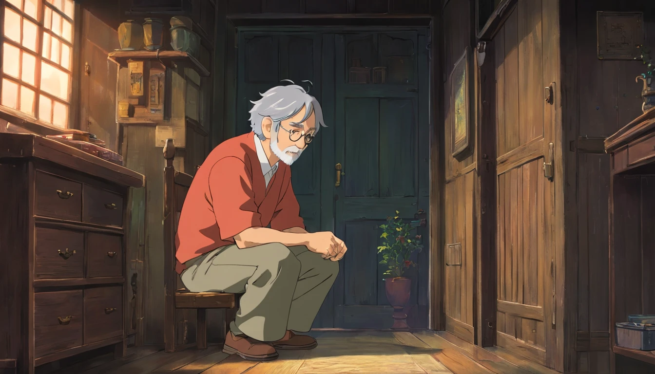 protagonist's father grey hair in a worn down dark home