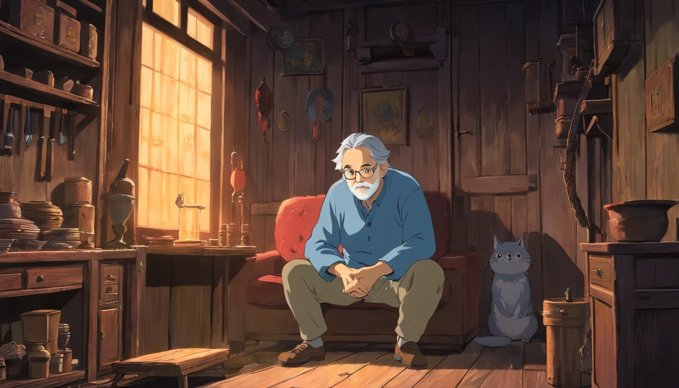protagonist's father grey hair in a worn down dark home