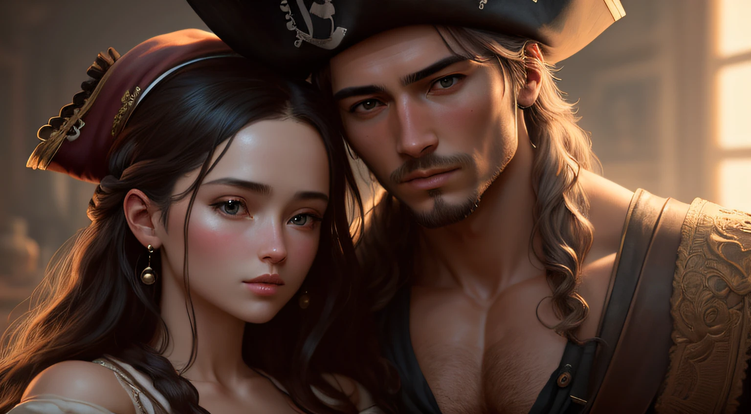 ((Realistic lighting, high quality, 8K, masterpiece: 1.3)), on the lake shore, sexual position (intimacy position) (husband and wife, two full bodies without naked clothes), (legs apart), visible female breasts and, The body of a man, the and pubis visible, with thick hair visible (Model AV: Pirates of the Caribbean 2005) - Realistic - S2 - Imagine --auto --s2